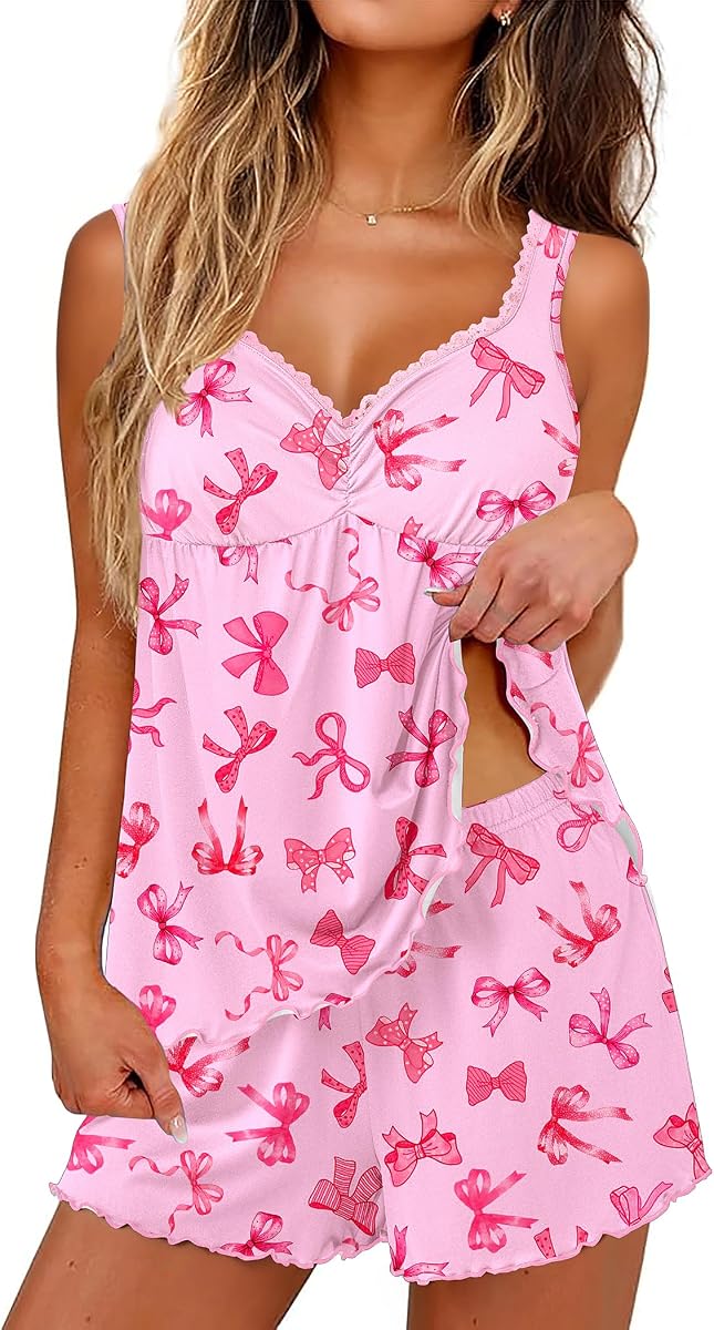 Ekouaer Conjunto de pijama de 2 piezas con cuello en V y pantalones cortos para mujer | Ropa De Salón Nupcial Suave, Tops De Encaje, Lindo Conjunto De Pijama, Camiseta Sin Mangas, Elástico Ligero, Pijamas De Dama De Honor, Salón Diario