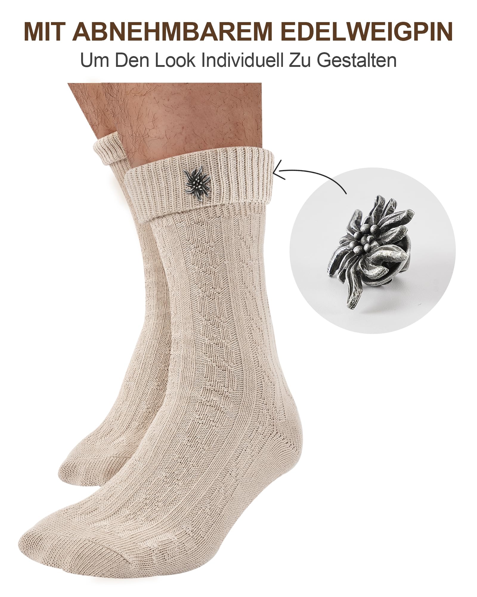 Effeet 1 Paar Kurze Trachtensocken für Herren und Damen mit Edelweiß-Pin, perfekte Trachtenstrümpfe für das Oktoberfest - 4
