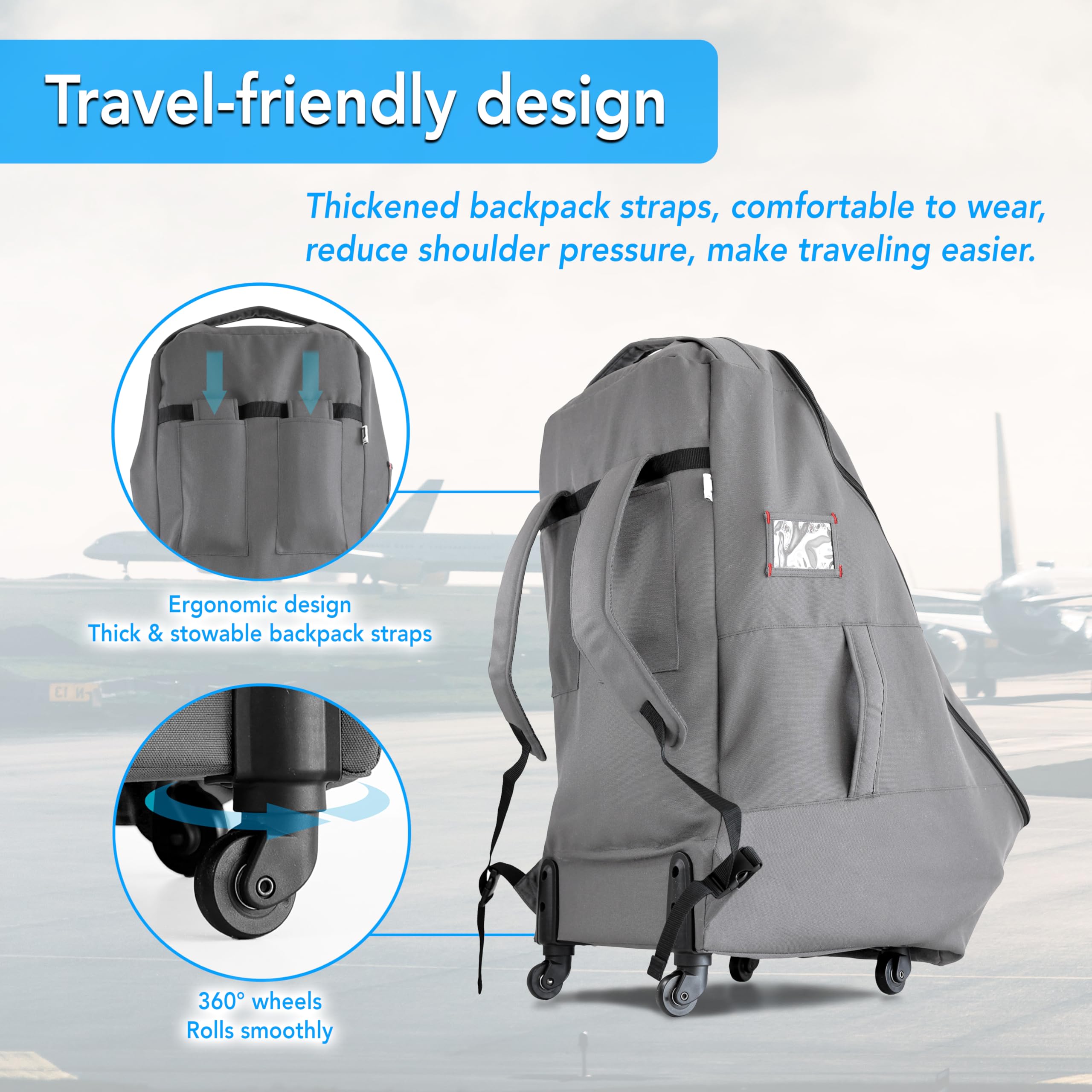 Sac de voyage pour siège auto avec roulettes – Sac d'avion rembourré – Gris