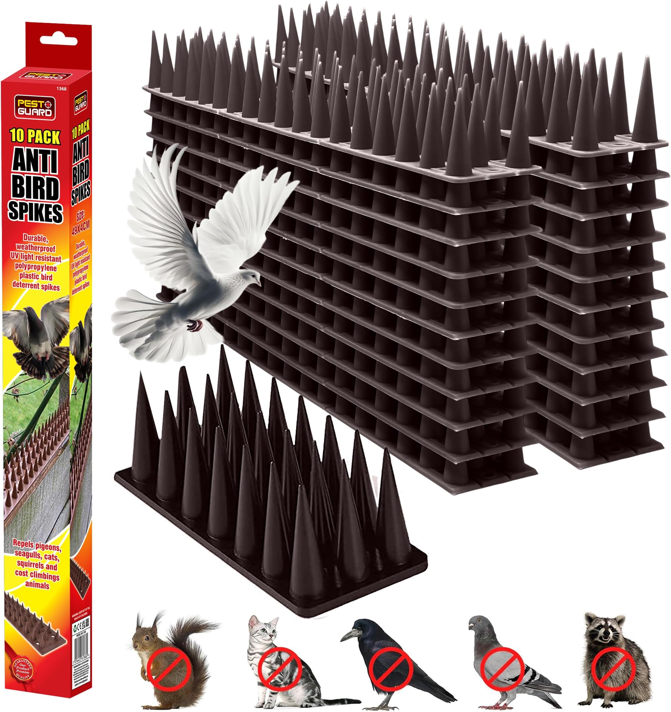Bird Spikes 10 Pack – 5M Highly Durable Plastic Pigeon Deterrent – Protects Against Birds & Animals – Wall Spikes Security Fence Barrier (1, Brown)