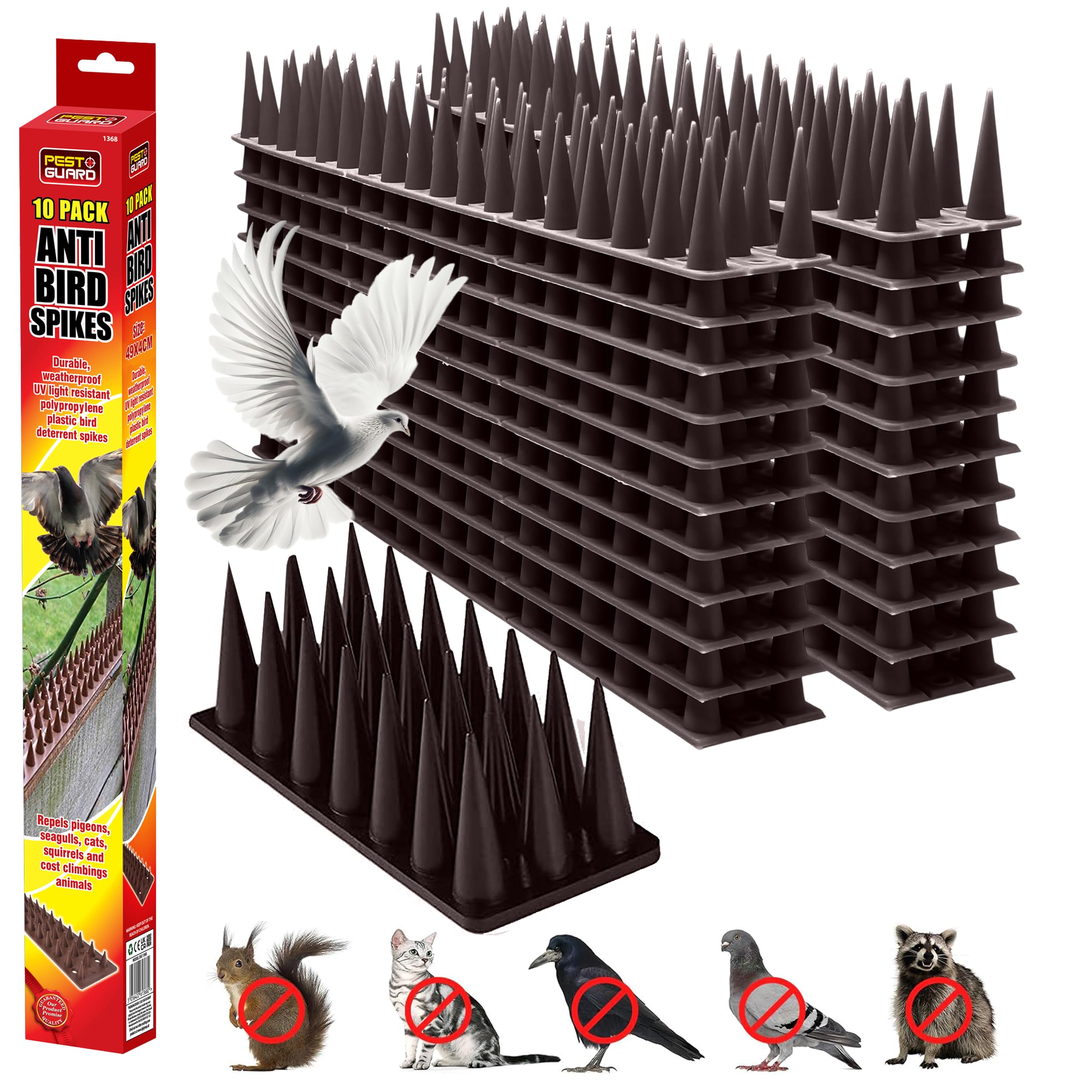 PEST GUARD Bird Spikes 20 Pack – 10M Highly Durable Plastic Pigeon Deterrent – Protects Against Birds & Animals – Wall Spikes Security Fence Barrier (2, Brown)