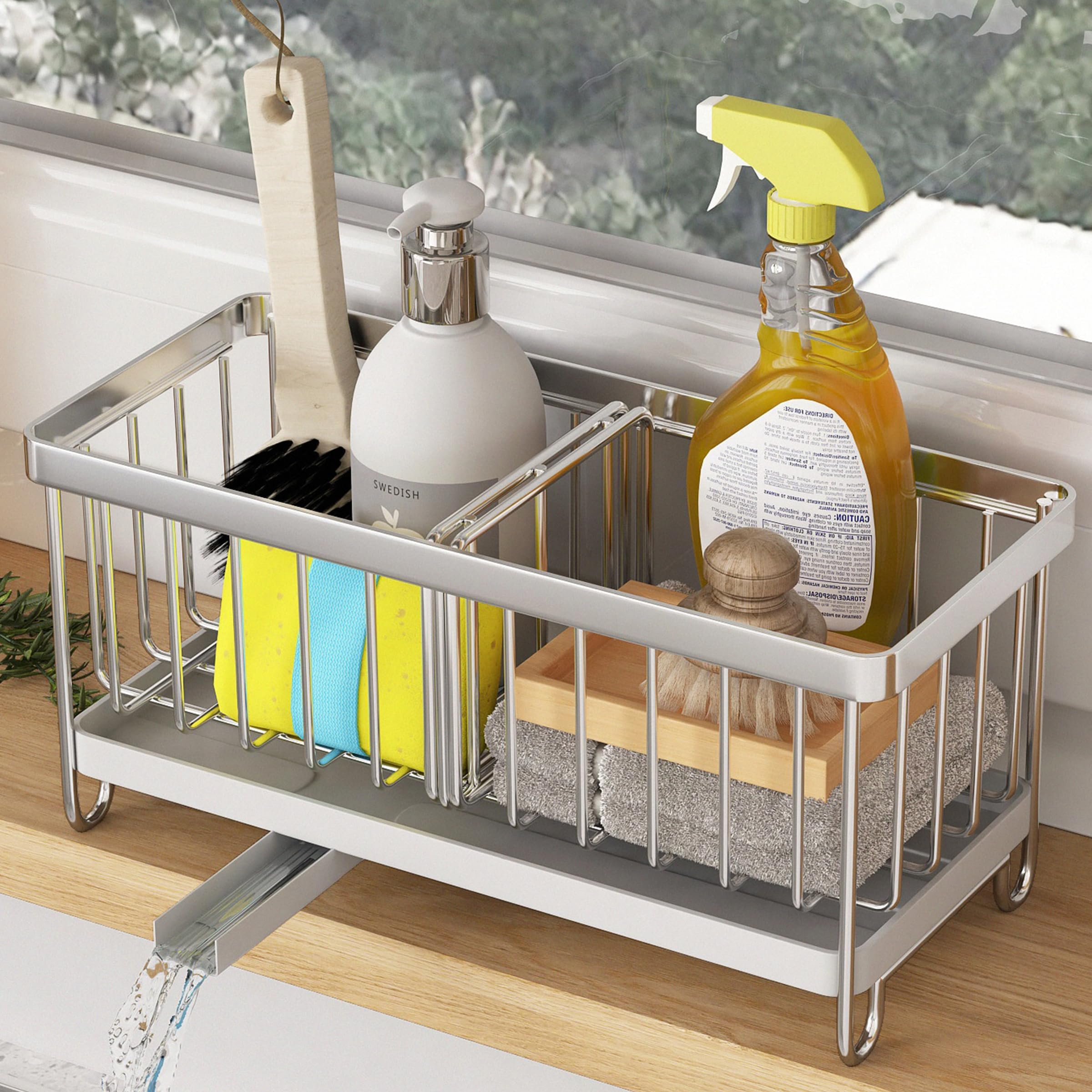 COVAODQ Kitchen Sink Caddy Sink, Sponge Holder Sink Caddy Organizer,Countertop with Removable Drain Tray with Diversion Drainage(Primary Colours), Black