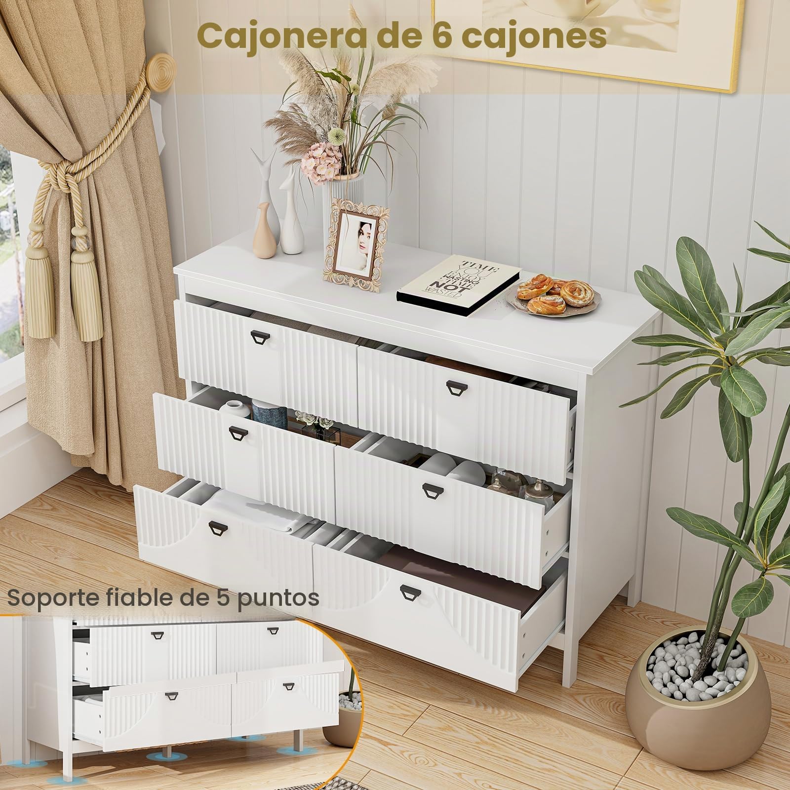 KOMFOTTEU Cómoda con 3/6 Cajones para Dormitorio, Cajonera de Madera con Kit Antivuelco, Mueble de Almacenamiento Moderno, para Salón, Estudio, Oficina (6 cajones)
