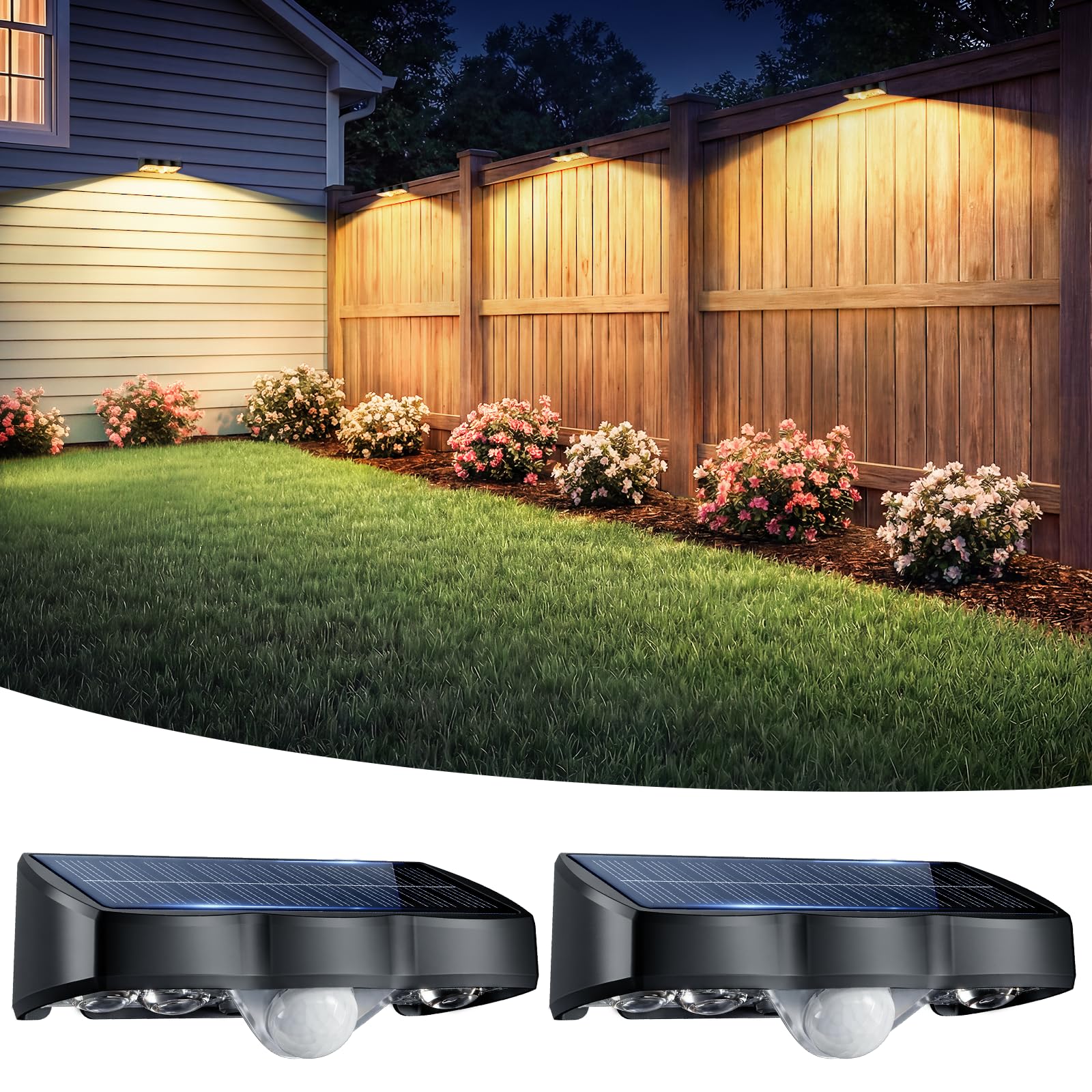 nibuuecer Solar Lights Outdoor Garden, 2 Pack Warm White 3000K Solar Fence Lights with 3 Modes Motion Sensor IP65 Waterproof Dusk to Dawn Garden Lights for Wall Patio Deck Backyard Garden Decorative