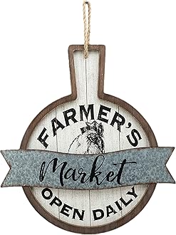 PARISLOFT Farmer's Market Open Daily Wood and Metal Circular Signs|Rustic Farmhouse Kitchen Wood Sign Plaque Wall Hanging Decor 17.75x0.5x19''