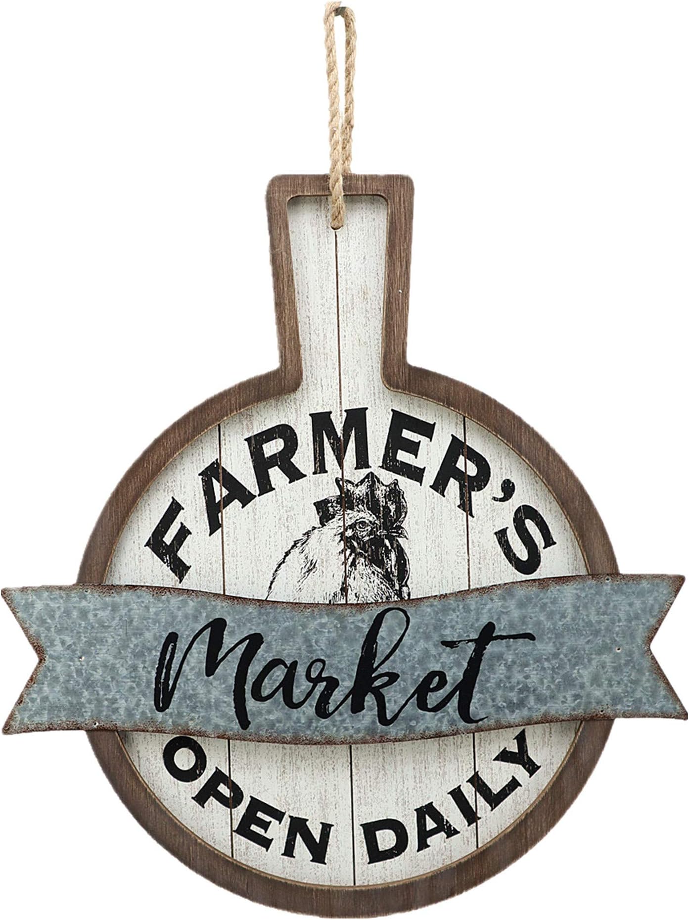 PARISLOFT Farmer's Market Open Daily Wood and Metal Circular Signs|Rustic Farmhouse Kitchen Wood Sign Plaque Wall Hanging Decor 17.75x0.5x19''