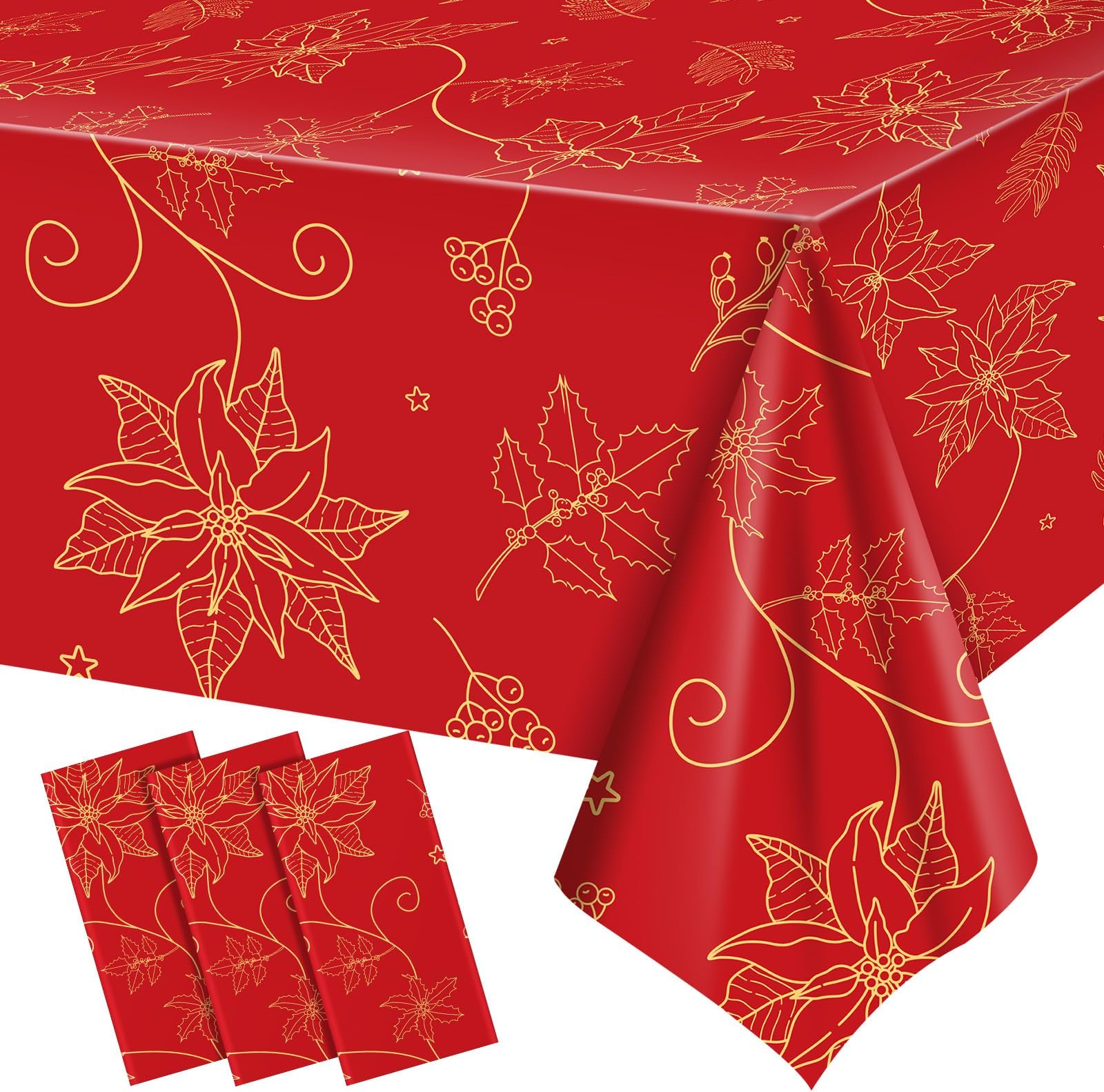 4 Pcs Christmas Poinsettia Tablecloths,Plastic Rectangle
