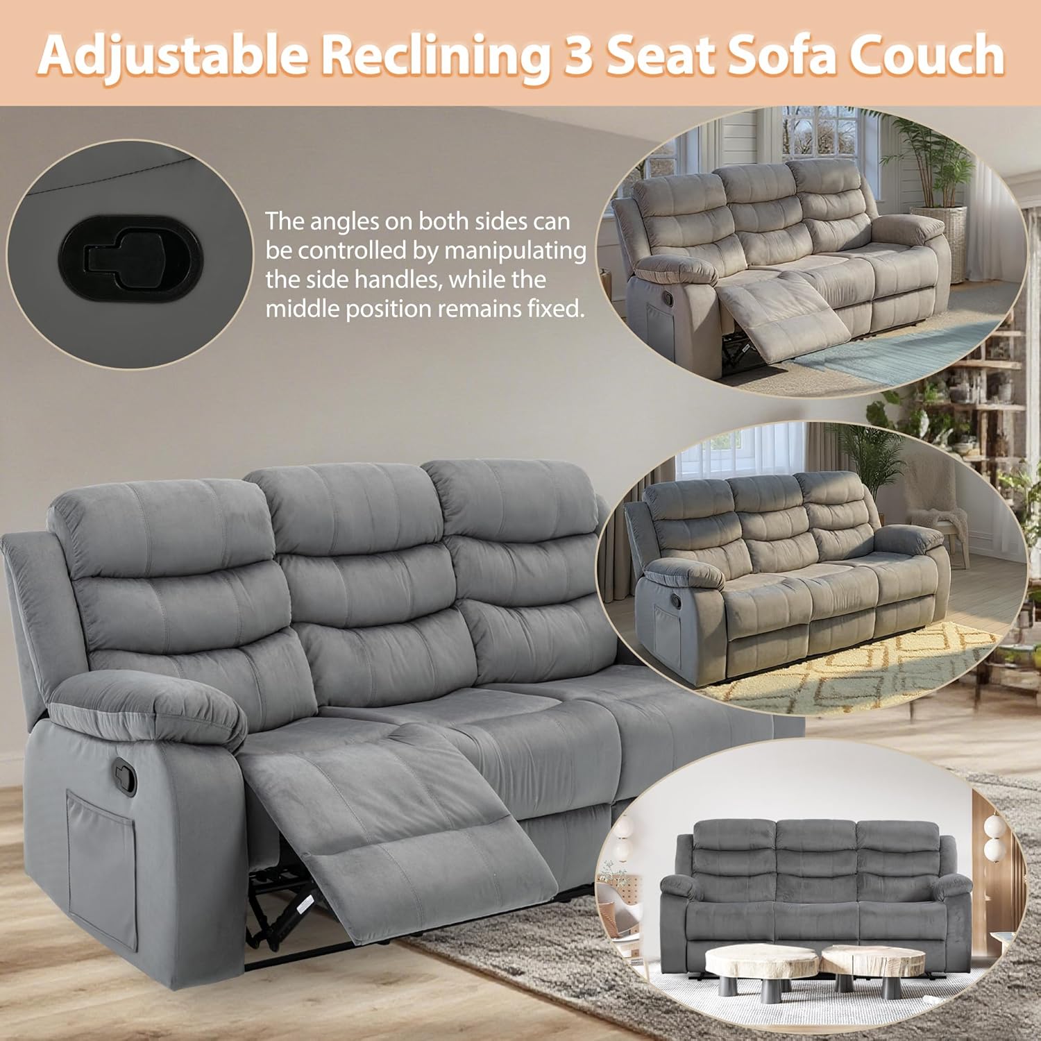 RV 3 Seater Couch Recliner with Overstuffed Arms Wall Hugger 3-Seater Manual Reclining Couch with Side Pocket Manual 3 Seat Reclining Sofa for Living Room RV Bedroom Home Theater Apartment