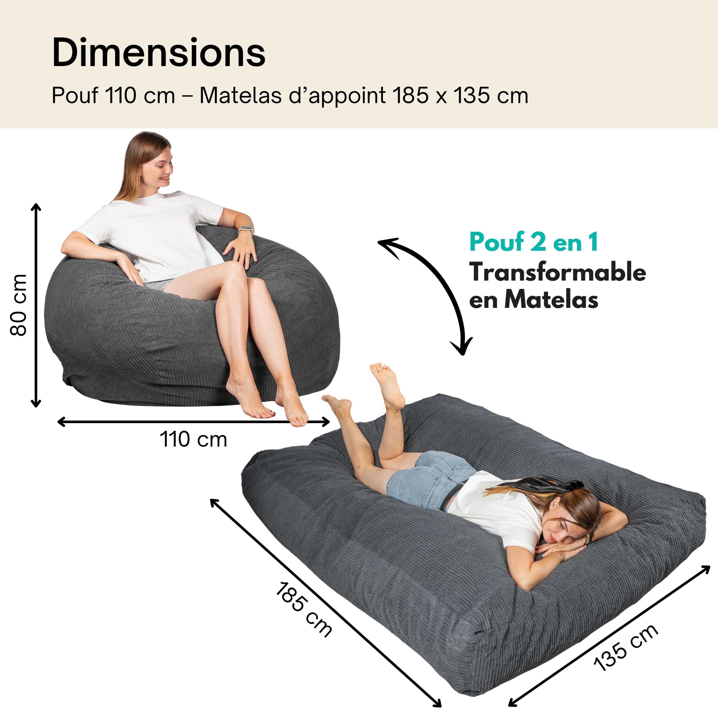 bananair - Gigantyczne Łóżko typu Bean Bag - Miękki Materiał Kordurowy & Wygodna Piankowa Wypełka - Łatwo Składana, 2-w-1 Materac Podłogowy i Fotel typu Bean Bag/Sofa dla Dorosłych, Dzieci