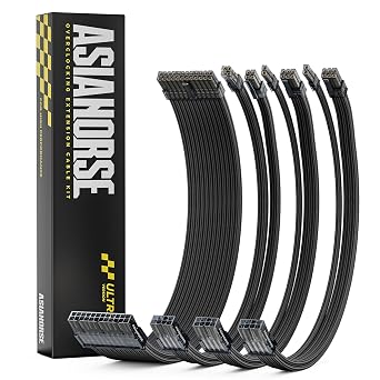 Overclock & Low Heat 16AWG Silver-Plated Core & Gold-Plated Terminals PSU Cable Extension Kit, 24pin/4+4pin/8pin for High-End Gaming PC - AsiaHorse Ultra Series, 30CM Complete 4PCS Braided Mod Cables