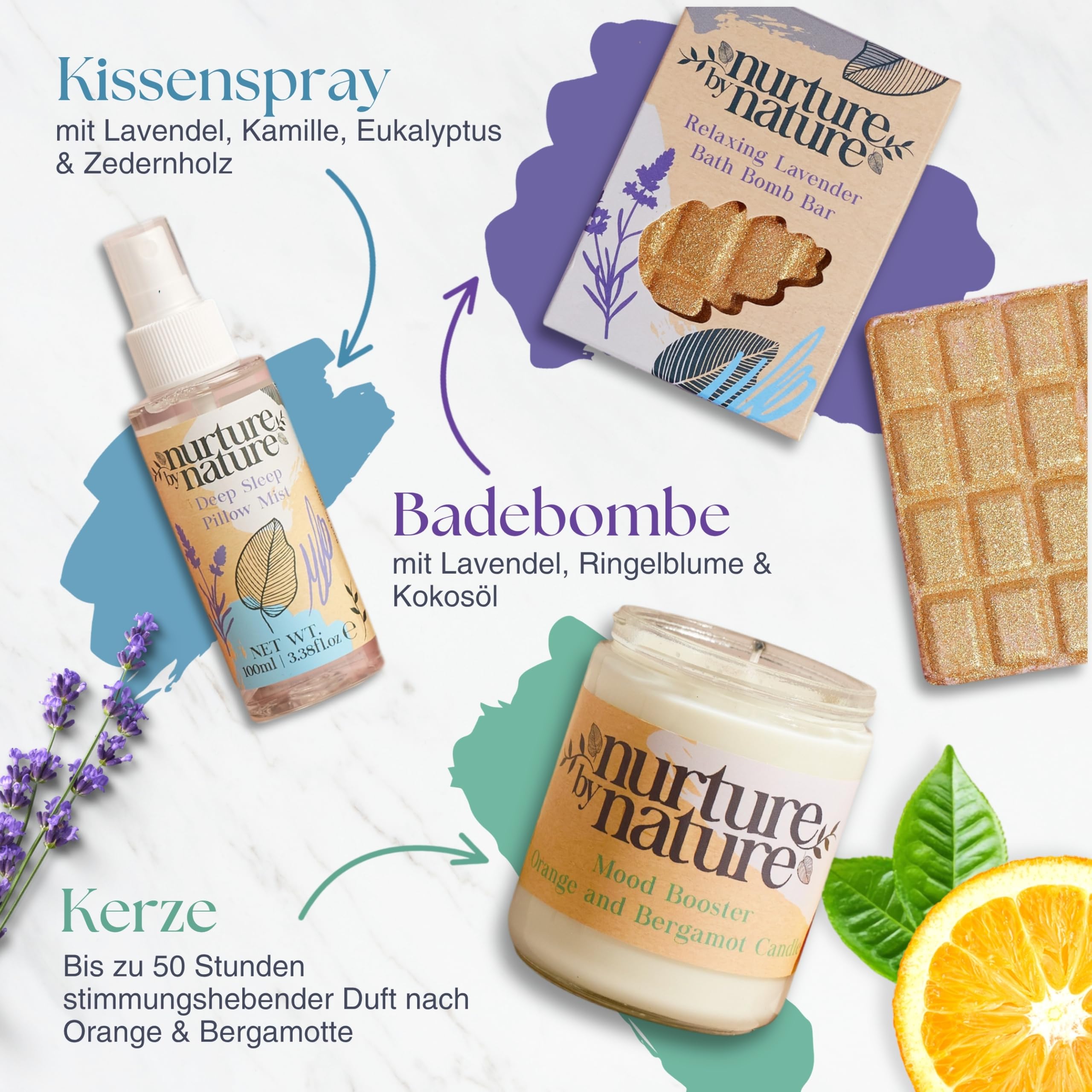 Nurture by Nature Relax & Calm, Verwöhn-Spa-Geschenkset, Badeset, Lavendel, Badesalz, Aromatherapie, Seife, Badekugeln, Kerze & mehr, Geschenk für Frauen, sie