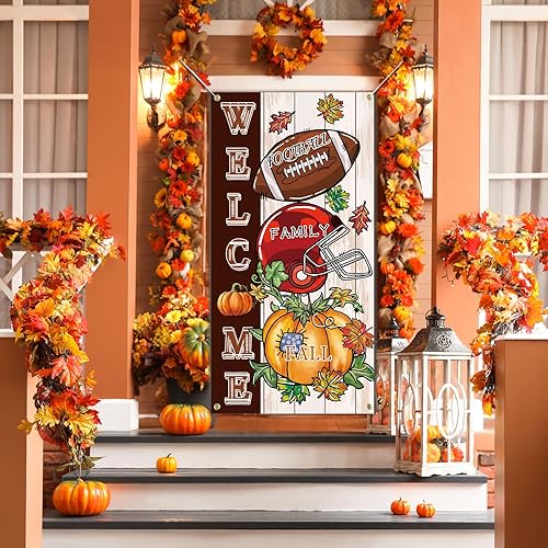 Miniatura 4 de SENSEVEN Cartel de bienvenida de fútbol otoñal para puerta, cubierta de puerta de otoño con diseño de calabaza, decoración de puerta de otoño, gran