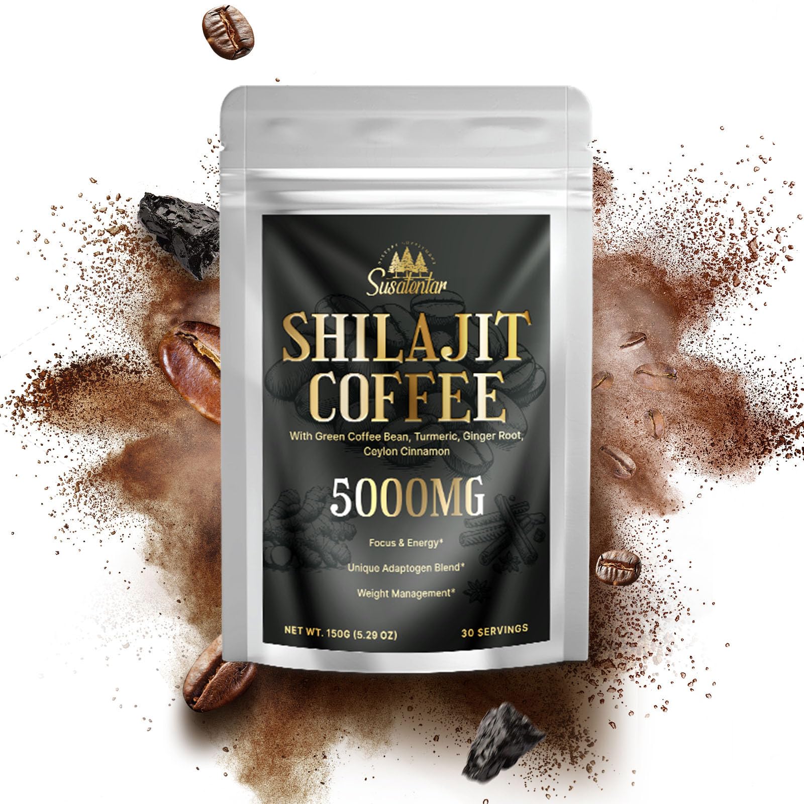 5000MG Shilajit Pure Himalayan Organic Coffee, Shilajit Coffee for Focus, Energy & Immune, Fulvic Acid with Organic Arabica Coffee, Green Coffee Bean, Turmeric, Ginger Root, 30 Servings