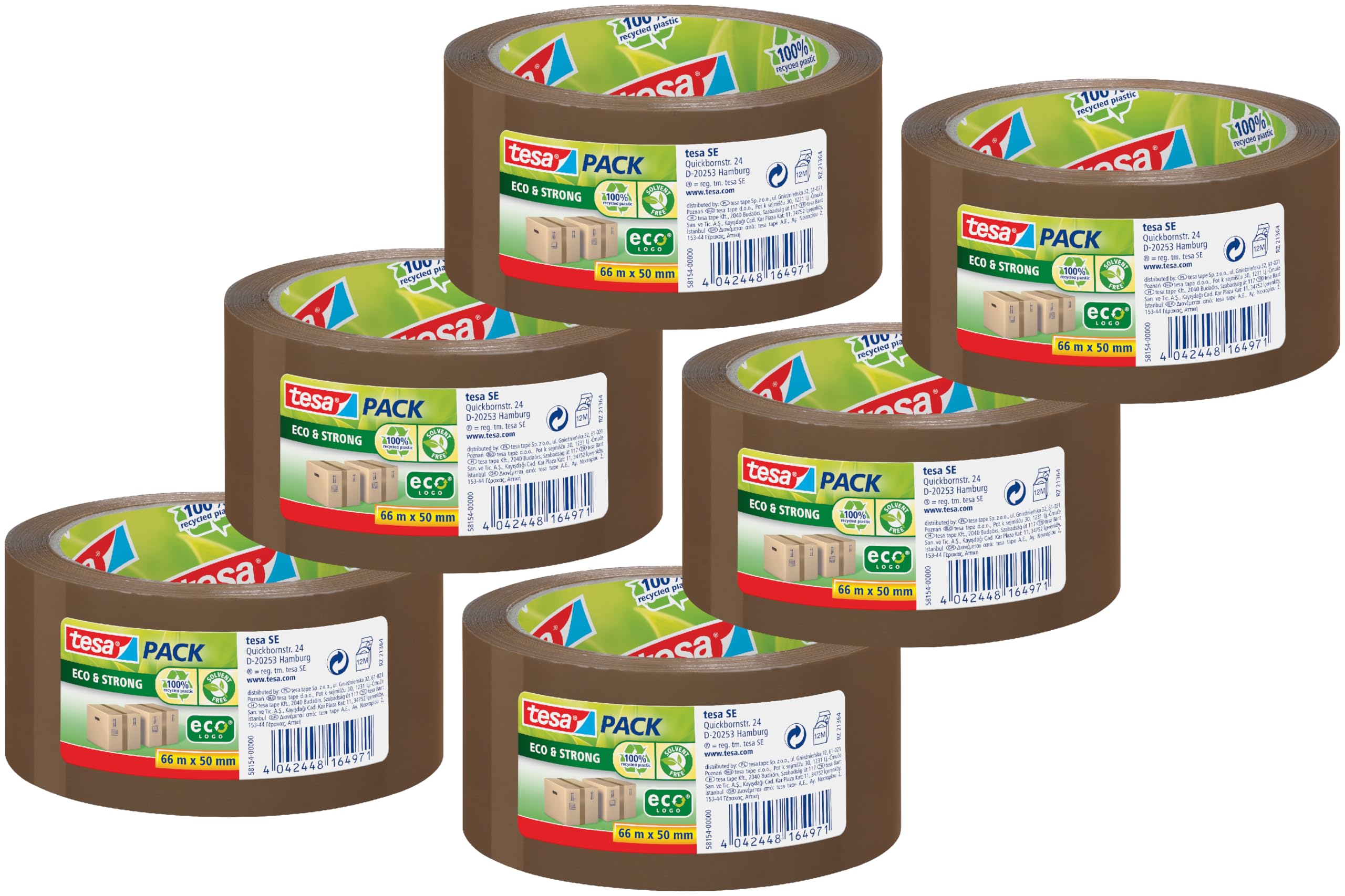 tesa tesapack Eco & Strong - Umweltschonendes Paketband aus 100% recyceltem Kunststoff, UV- und alterungsbeständig - Transparent - 66 m x 50 mm (braun, 6 Rollen)