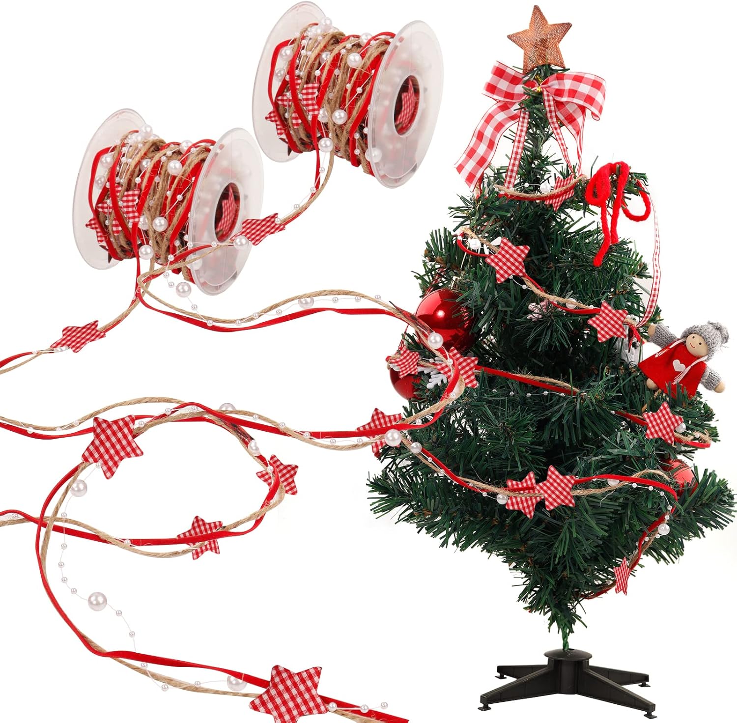 Irrvin クリスマス リボン パール 新素材新作 麻ロープ ジュートロール Diy用 手芸用品 手作りリボン ラッピング 包装用 アクセサリーパーツ 5m 総計10m クリスマスツリー装飾用 赤白縞 誕生日プレゼント 巻 飾り 2巻入り 装飾用