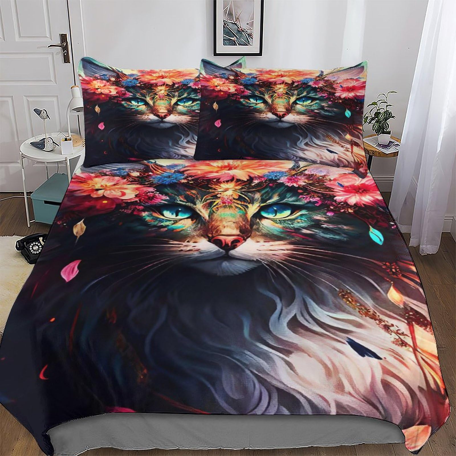 Housse couette double motif chat parure de lit 3 pièces idée cadeau pour chambre