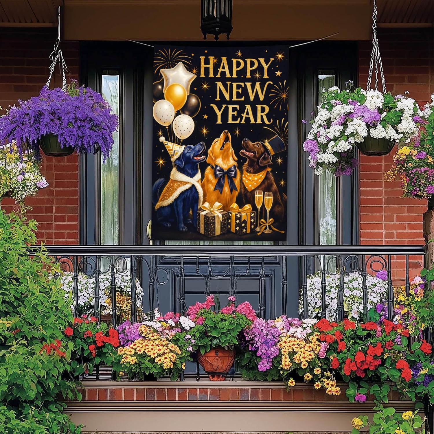 Happy New Year House Flag 28x40 Inch Double Sided Garden Flag Dogs Balloons Champagne and Gift Design Winter Holiday Yard Banner Large Outdoor Polyester Flag for Porch Lawn Home Decoration - Image 2