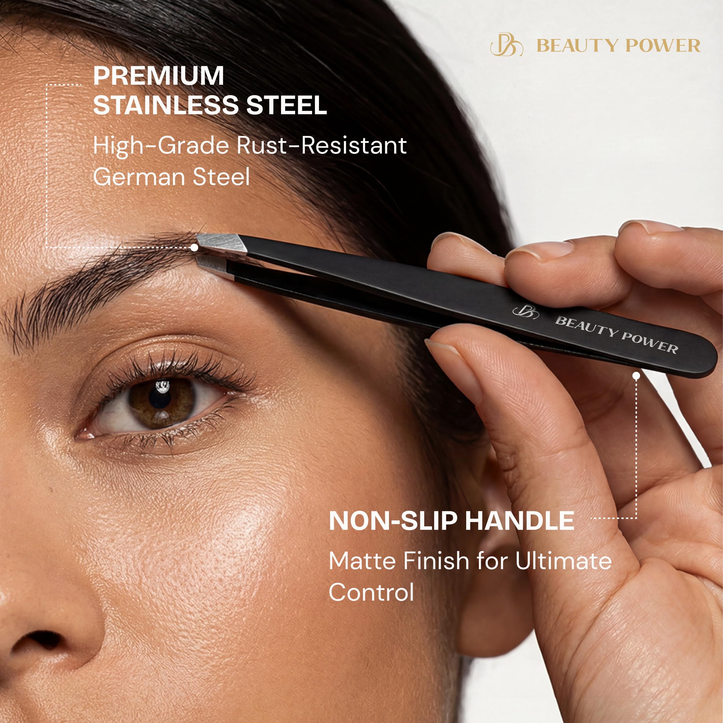 Beauty Power Profesjonalna pęseta, skośna, trwała, lekka niemiecka stal nierdzewna, ultra precyzyjna pęseta do usuwania owłosienia twarzy, brody i wrastających włosów (matowa czerń)