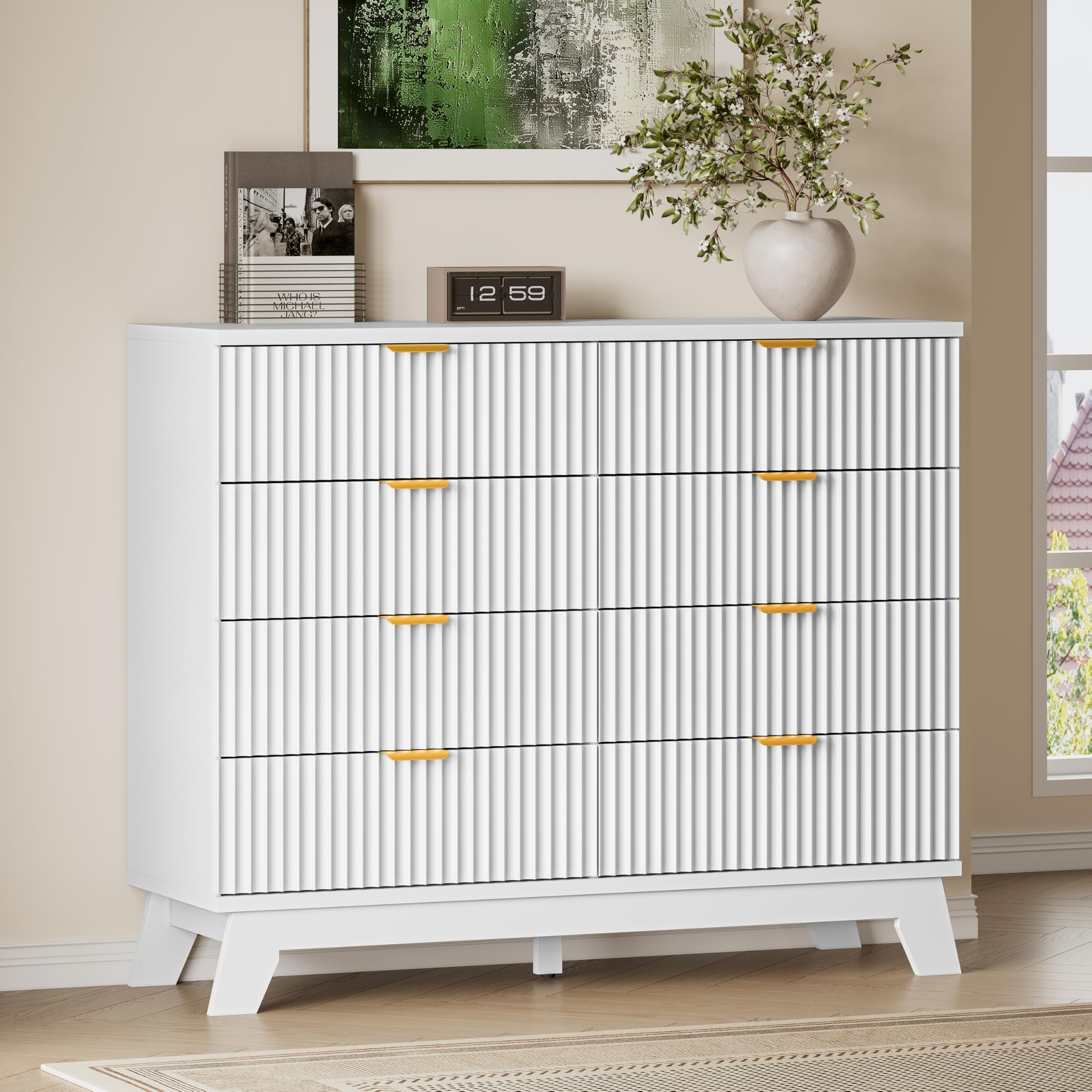 BORNOON Fluted 8 Drawer Tall Dresser, 47.2" Wide Modern Boho Chest of Drawers, Wooden Storage Dresser TV Stand for Bedroom, Living Room, Closet, Hallway, Curved Profile Design