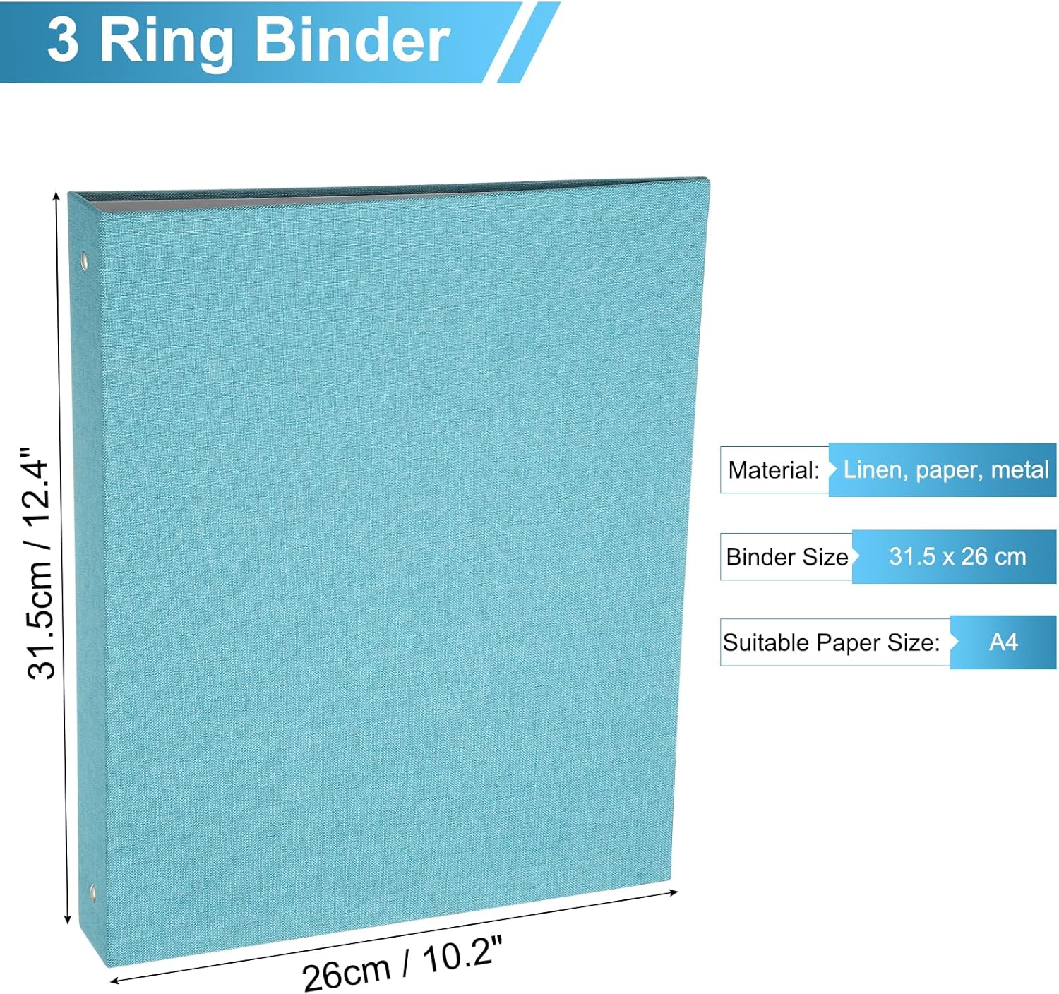PATIKIL A4 Size 3 Ring Binder,1Pcs 1 Inch Round Ring Durable Linen Hardcover Binder Fit for 8.5" x 11" Paper Recipe Photo Office, Sky Blue