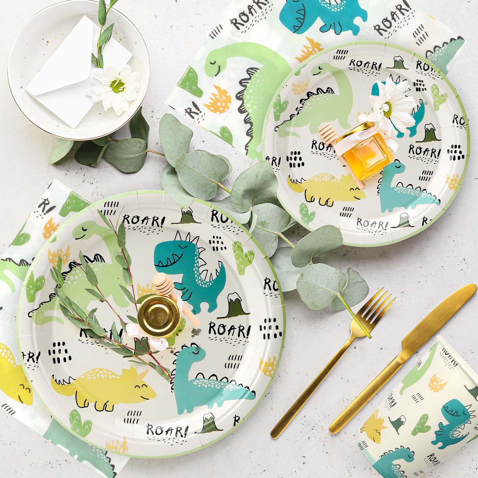 Partyservies voor kinderverjaardag, 120-delige dinosaurus, verjaardagsserviesset voor 24 gasten, kleurrijke papieren borden, papieren bekers, servetten, rietjes