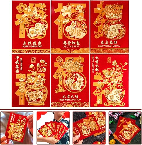 Miniatura 2 de 60 sobres rojos de Año Nuevo chino Hongbao 2023 con bolsillos del año de conejo 2023 bolsas para festival de primavera (6 patrones)