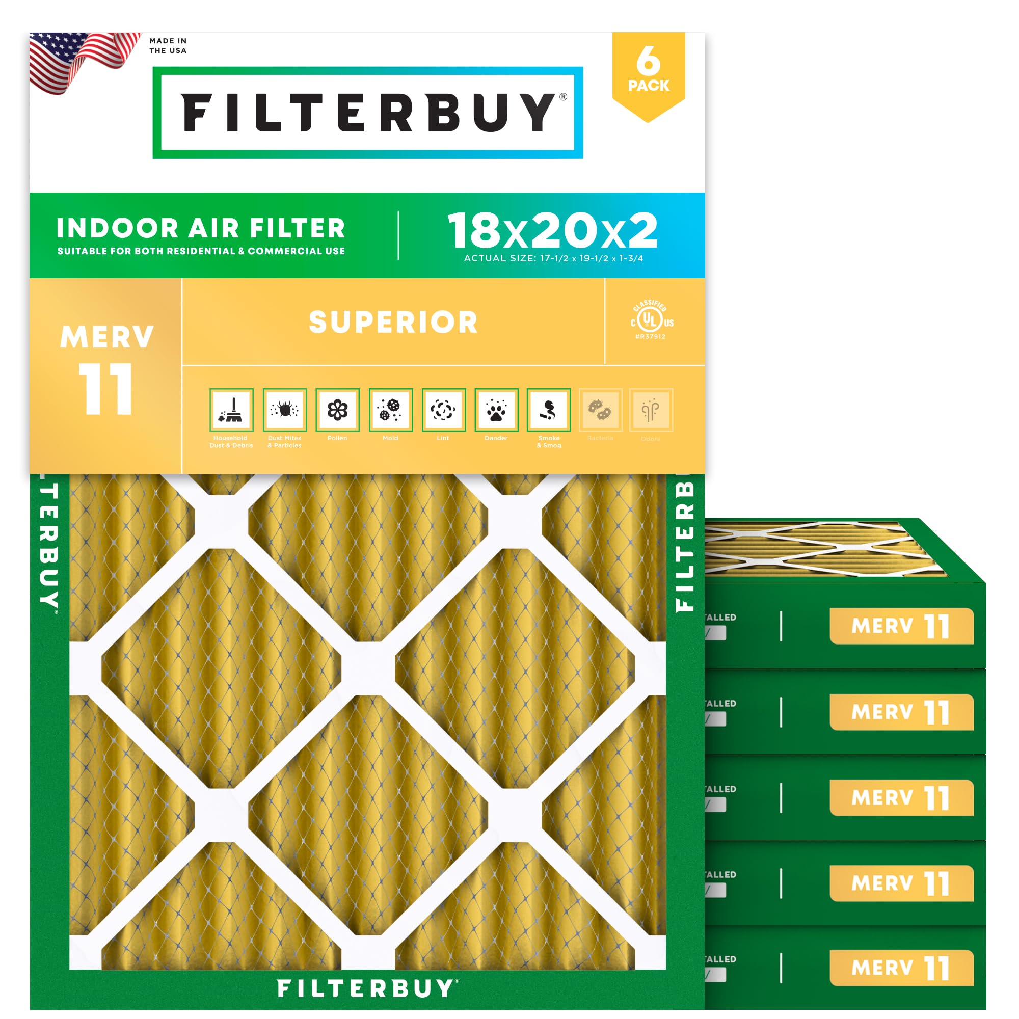 Filterbuy 18x20x2 Air Filter MERV 11 Pet &amp; Allergy Defense (6-Pack)