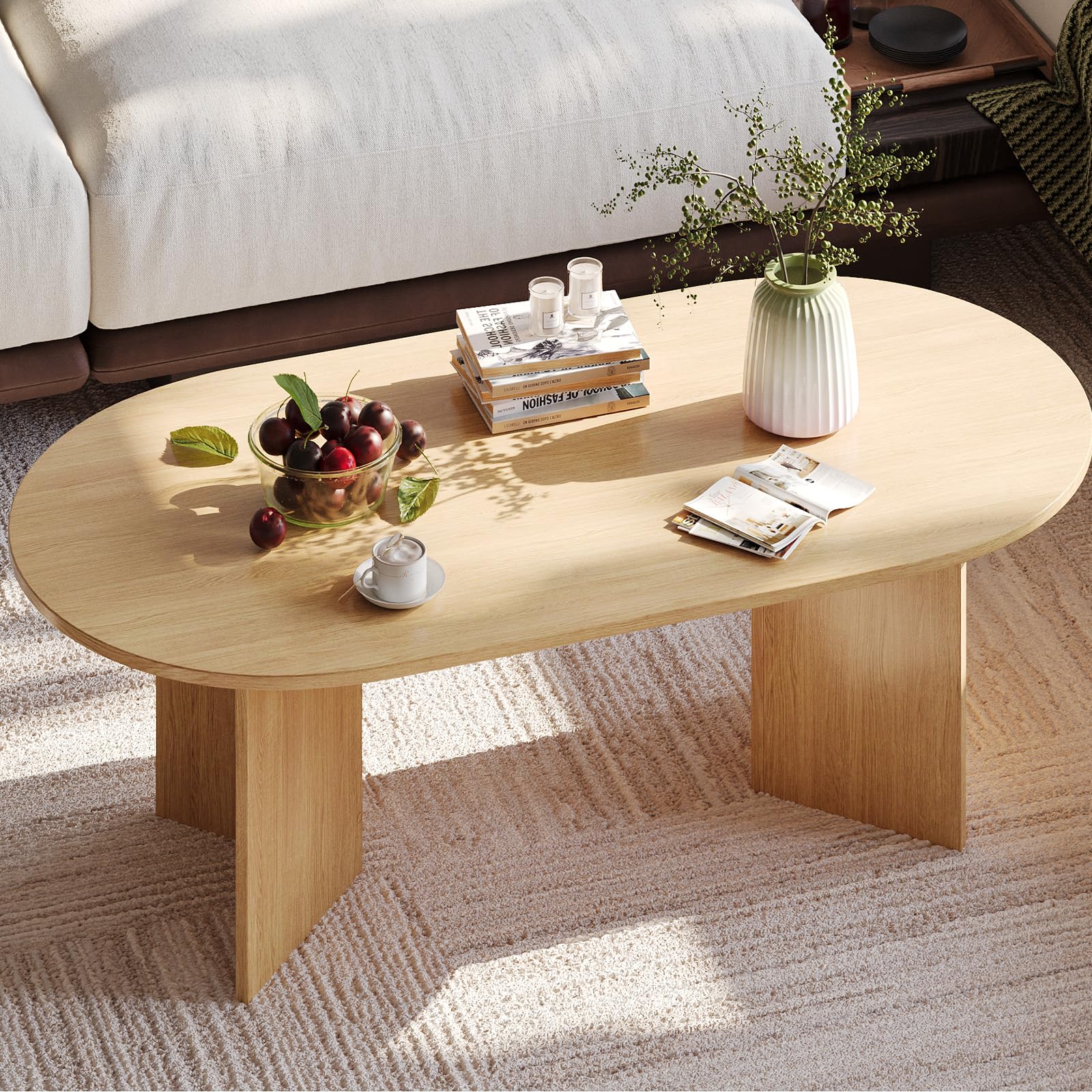 YOUDENOVA Mesa de centro ovalada de madera moderna, mesa de salón con estante, mesa de café, mesa pequeña para salón, roble natural, 120 x 60 x 40 cm
