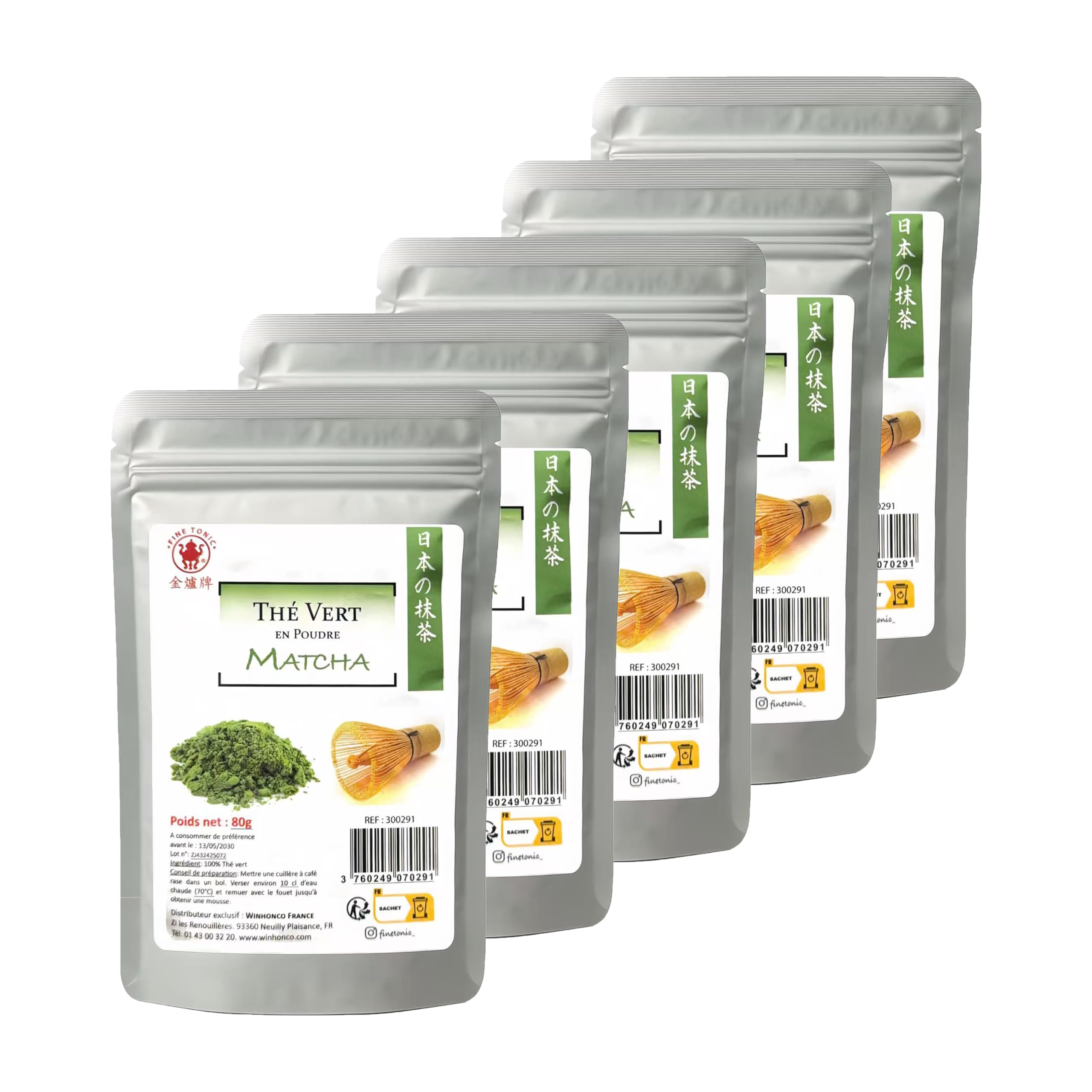 Matcha Japonais en Poudre – Thé Vert Matcha 100% Pur – Qualité Premium – Boisson & Pâtisserie – Sachet Refermable 80 g (5x 80g, Normal)