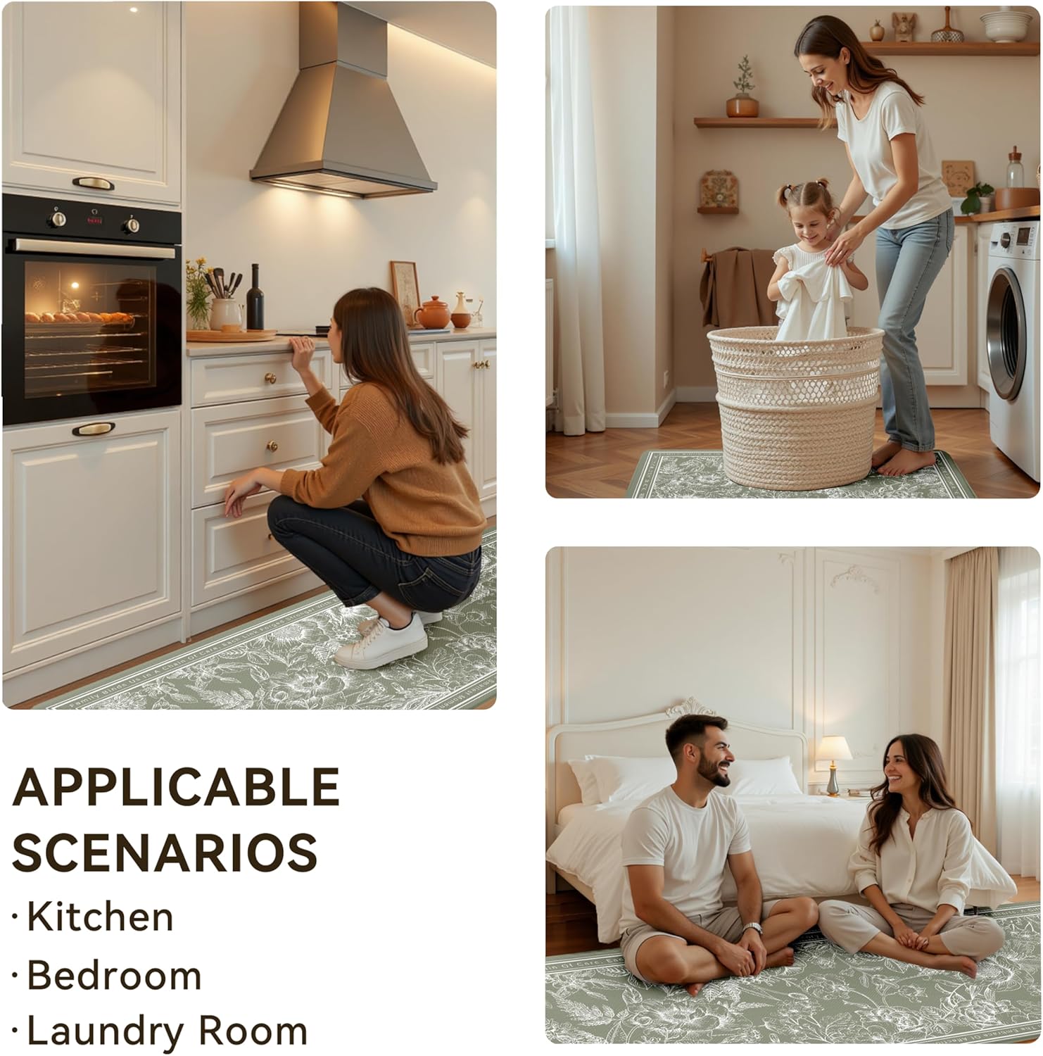 Sage Green Minimalist Line Art Floral Kitchen Rug Sets [2 PCs], Anti-Fatigue, Waterproof Non-Slip Kitchen Mats Heavy Duty Comfort Foam Rug for Kitchen, Floor, Laundry,17"x29"+17"x47"