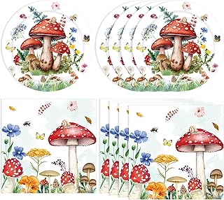 40PCS Mushroom Birthday Decorations Forest Theme Fairy Birthday Party Decorations Mushroom Decorations for Party Mushroom Plates and Napkins for Kids Boys Girls Baby Shower