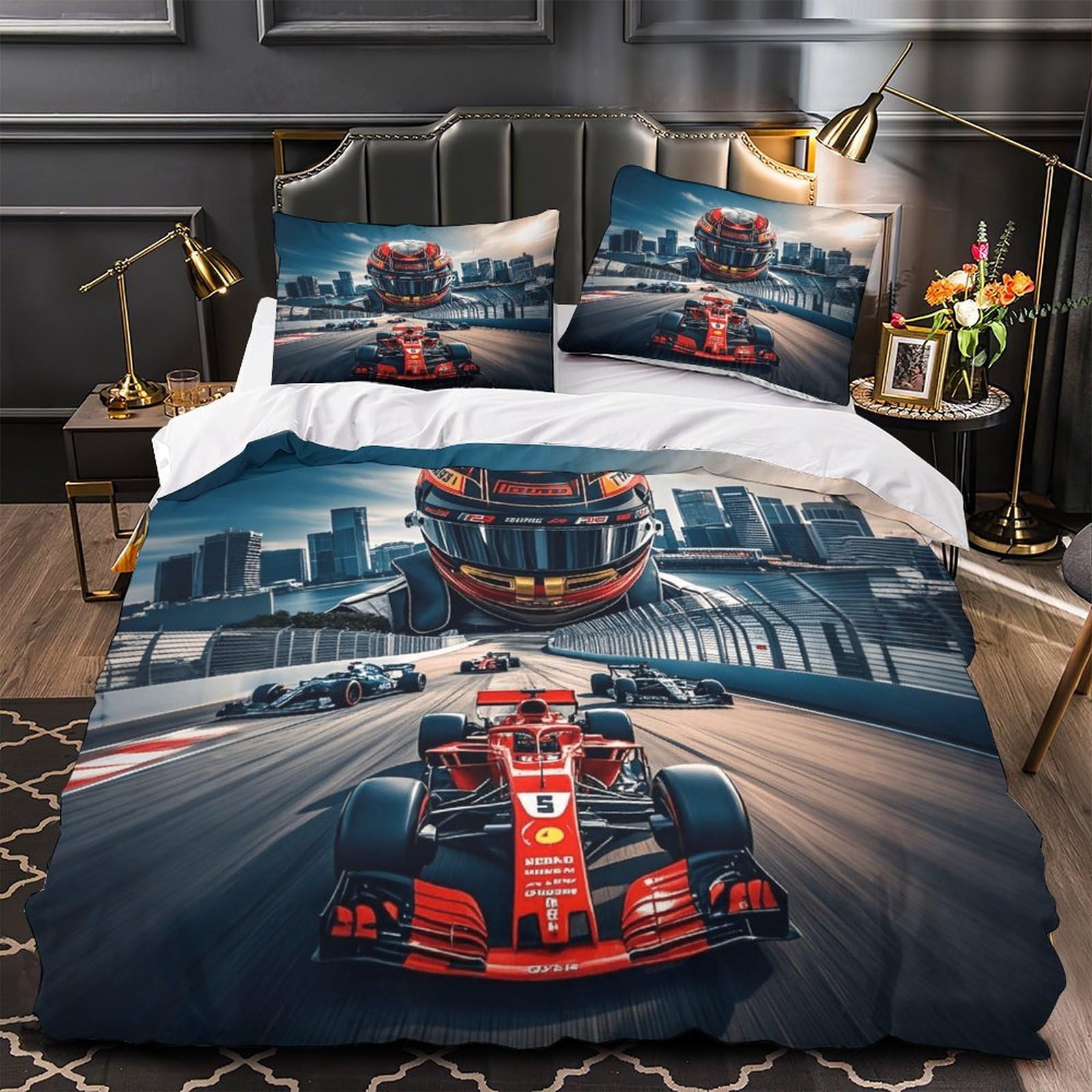 XiaopangXY Lovingly Formulaa Racing Duvet Cover With Hidden Zipper, Single（140x200cm） Raikonen Quilt Cover with Pillowcases, Soft Microfiber Comforter Cover for Boys Girls
