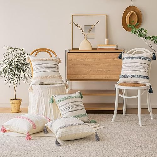 Miniatura 6 de Juego de 2 fundas de almohada bohemias de 12 x 20 pulgadas, fundas de almohada tejidas con borlas y rayas texturizadas, fundas de cojín lumbar,