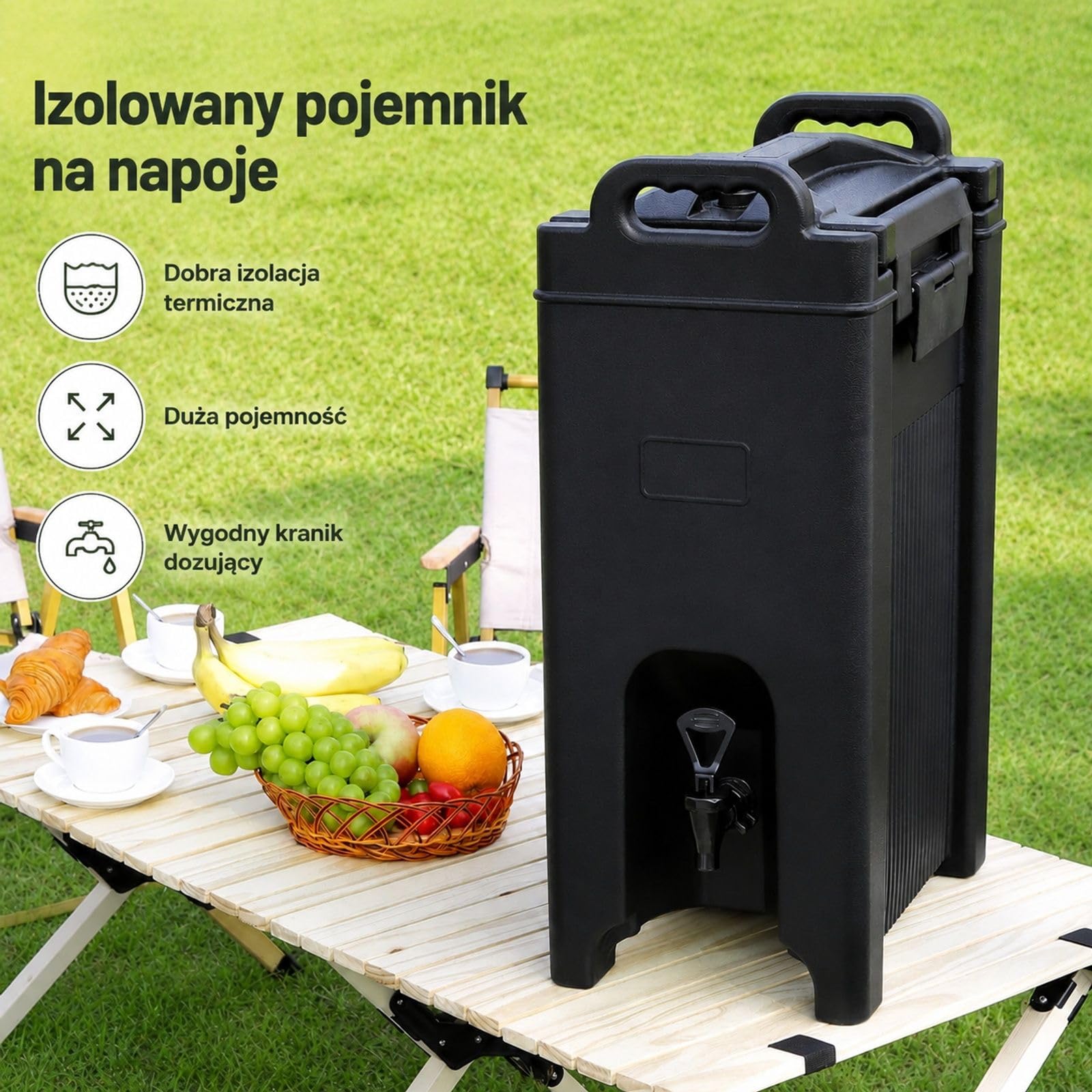 Dozownik napojów 18,9 l z LDPE z kranikiem i uchwytami do kawy, mleka, wody oraz soku