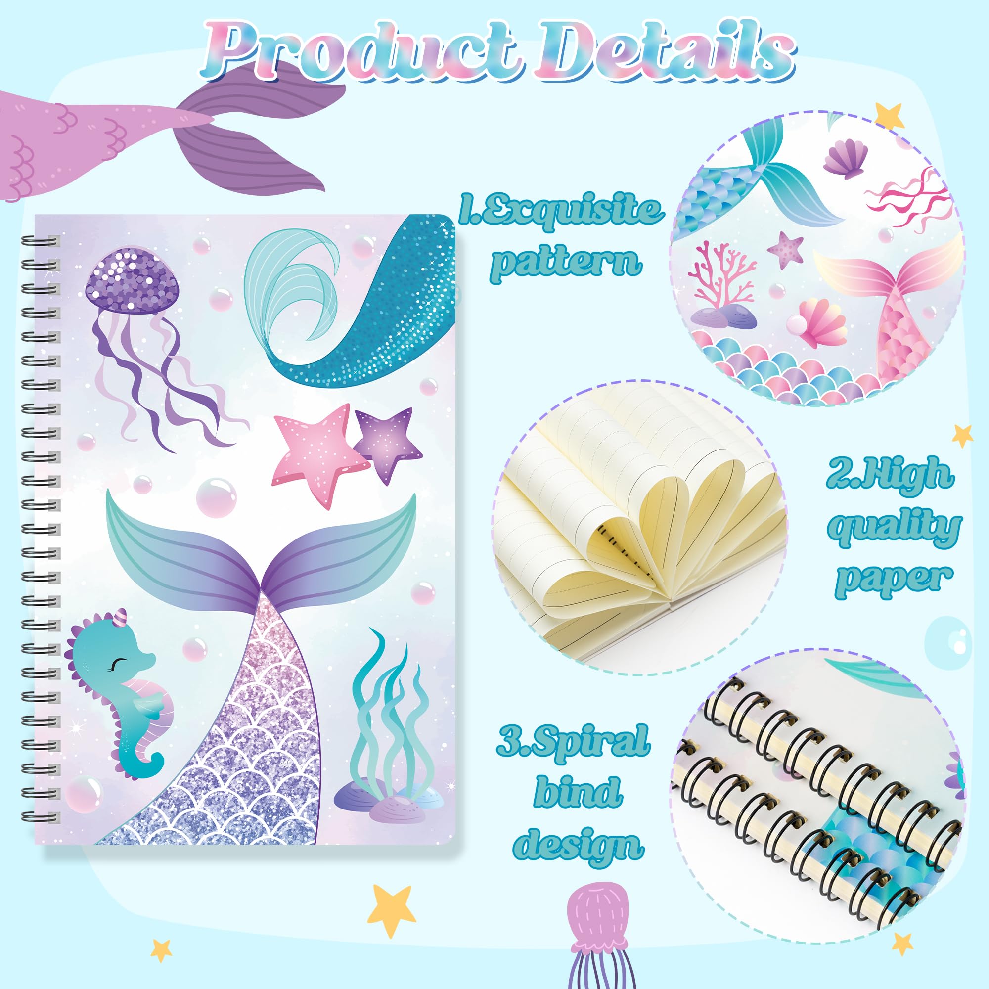 B1ykin Quaderno a spirale a forma di sirena, 50 fogli, 100 pagine, formato A5, con rilegatura a spirale, per scuola, università, ufficio, viaggi, regalo per ragazze e donne (confezione da 3)