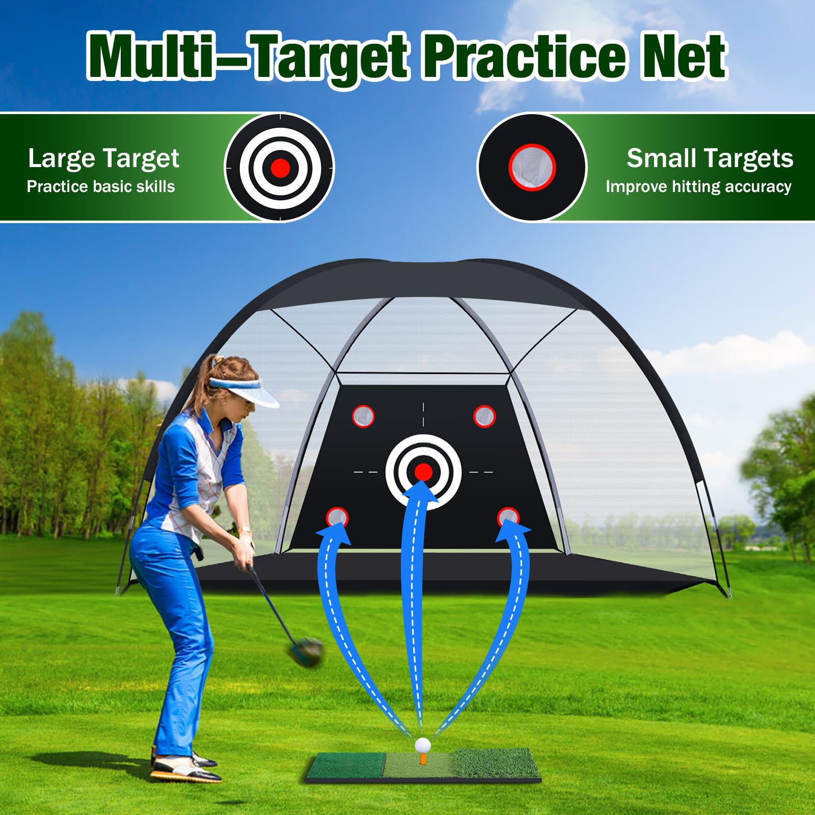 MoKo Golf Net with Practice Mat, Golf Hitting Net for Outdoor Indoor Backyard Driving Chipping Swing Training, All-in-One Multi-Target Training Aid Practice Nets with Tri-Turf Mat - 2