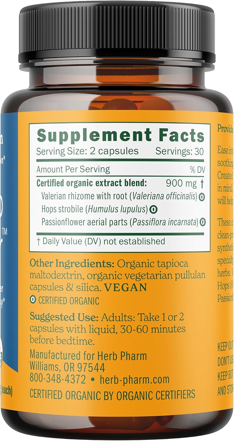 Herb Pharm Sleep Easier Capsules with Valerian Root & Rhizome, Passionflower & Hops. Melatonin Free Certified Organic Herbal Sleep Aid for Adults, Vegan, ~30-60 Day Supply, 60 Capsules* - Image 2