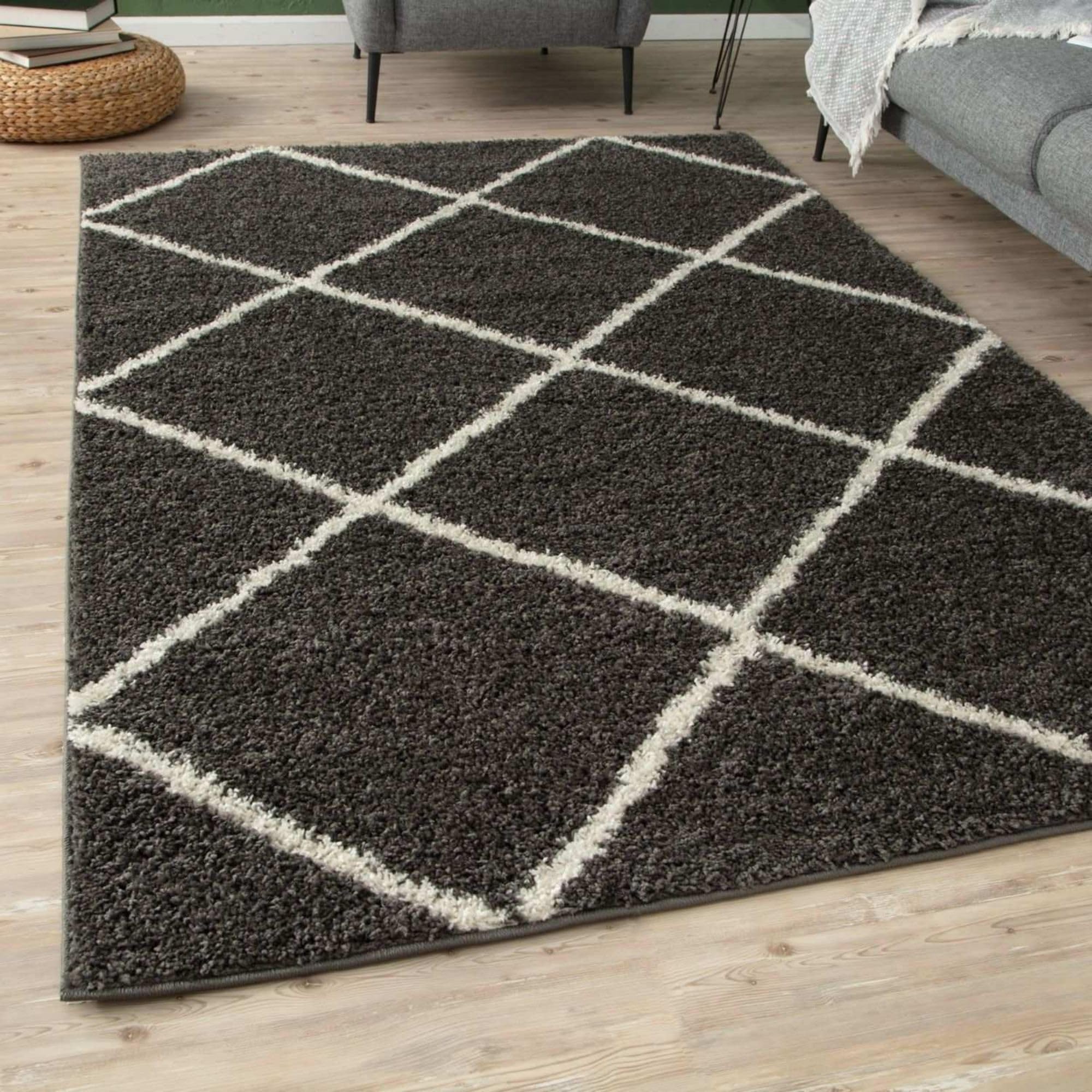 THE RUGS Shaggy Rug – Modern Moroccan Design Rugs for Living Room, Bedroom, Hallway, 30 cm Thick Area Rugs, (Diamond Dark Grey/Ivory, 240x340cm)