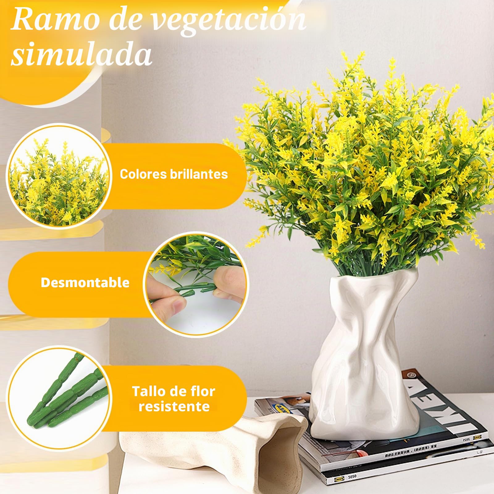 Ramos de Flores Artificiales Decoracion 10 Pieza Plantas Artificiales Decorativas Arbustos Artificiales Flore de Plastico para Cementerio Lavanda Artificial para Interior Exterior Jardín (Amarillo)
