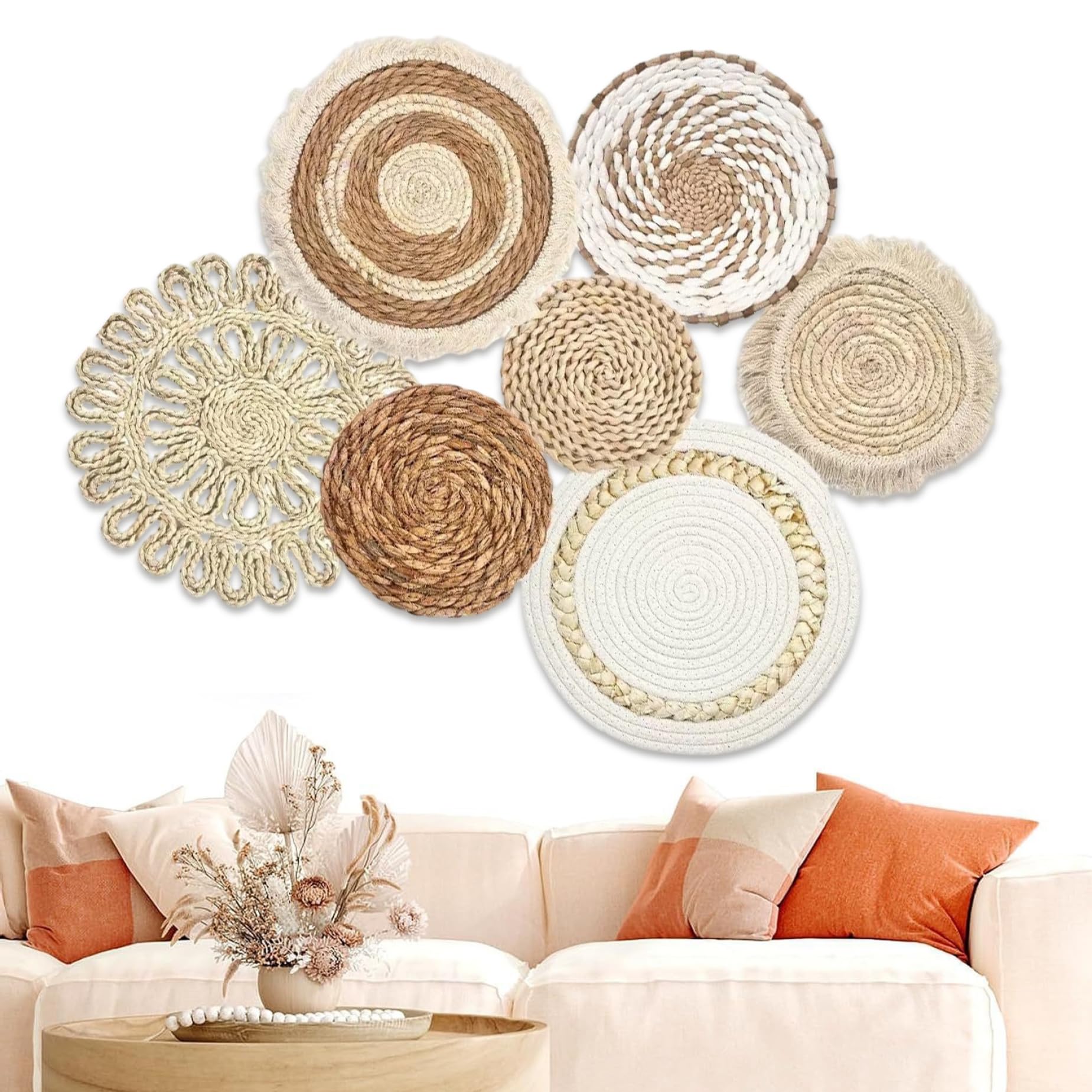 Panier mural tissé suspendu décor, paniers muraux boho 7pcs / régler différentes taille et style Boho panier décor paille et rond art décoratif pour le salon, chambre à coucher, ferme, pépinière