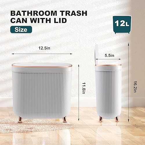 Miniatura 2 de Basurero de baño con tapa de 3.2 galones, pequeño cubo de basura de plástico rectangular de 12 litros con tapa tipo prensa para dormitorio, baño,