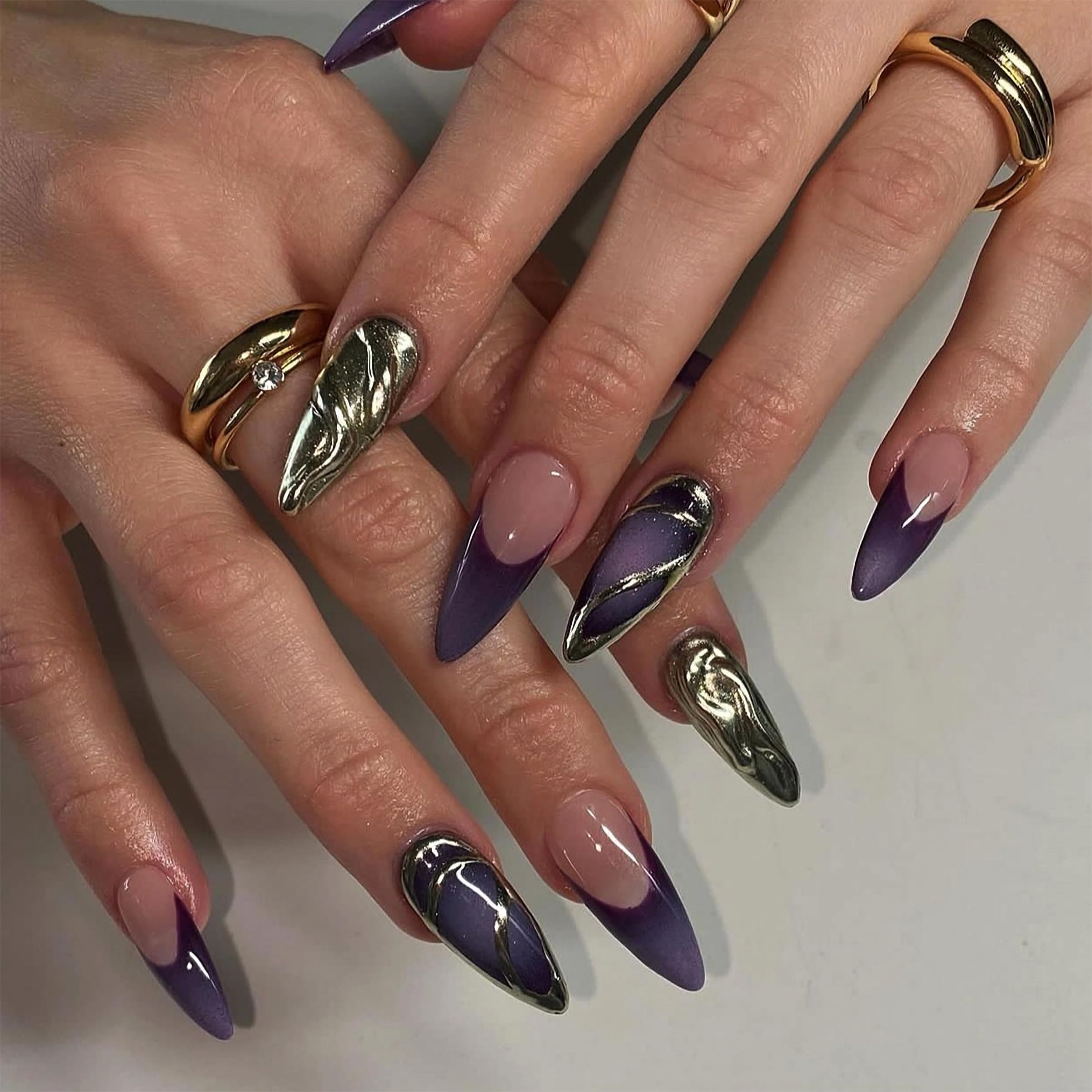 MERVF Almond Press on Nails Medium Fake Nails Purple French Tip Glue ons Goth Stiletto Acrylic Nail with 3D Swirls Design 24pcs Glossy