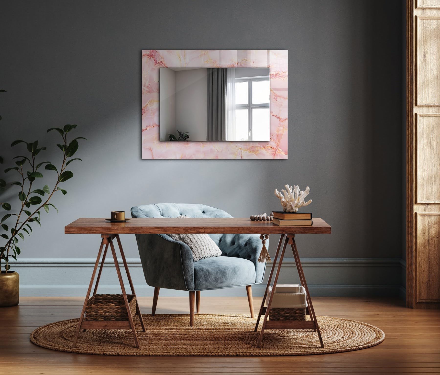 Współczesne szklane lustro 80 x 60 cm (31,5 cala x 23,6 cala) | Prostokątna dekoracja ścienna z nadrukowanym obramowaniem - wzór różowego marmuru