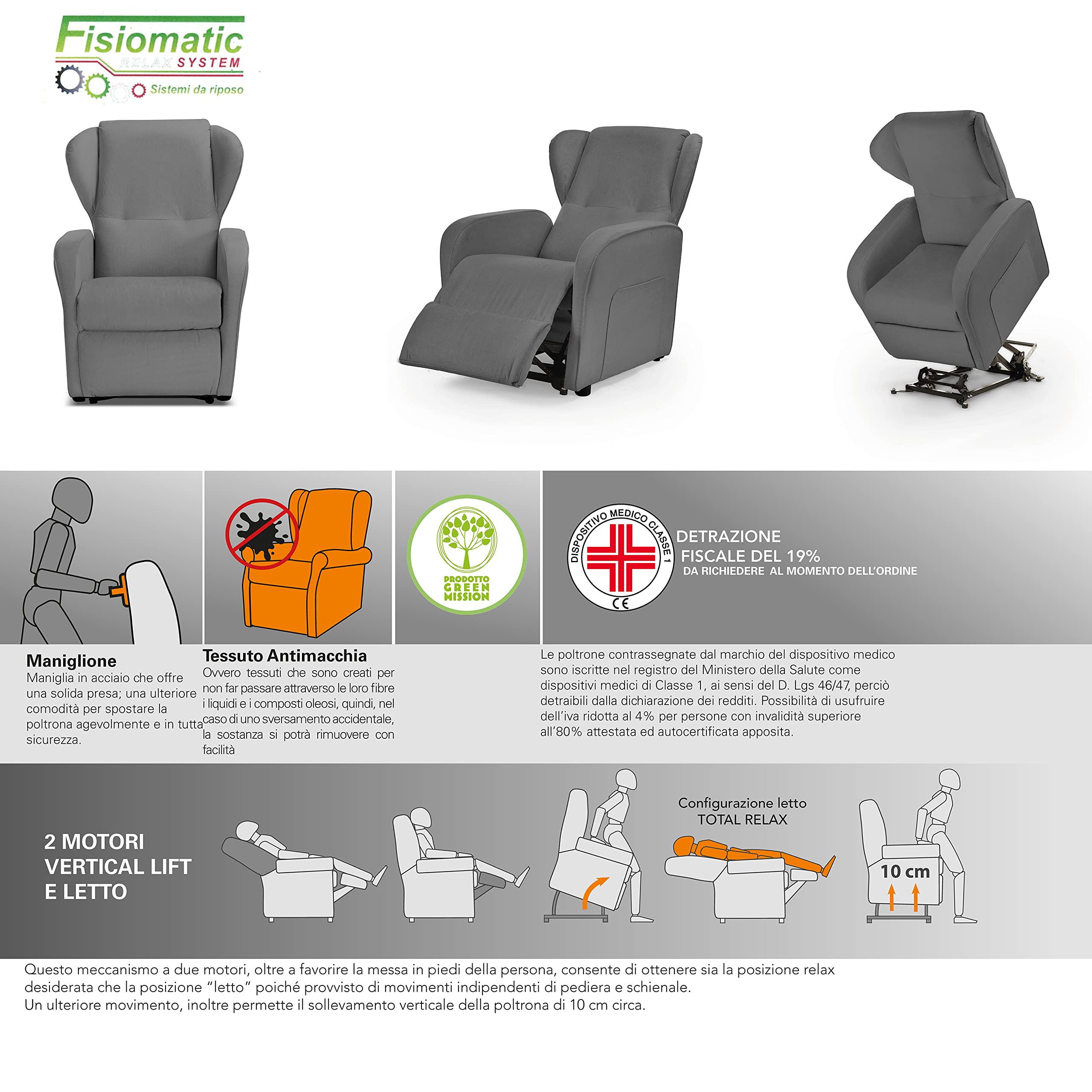 Fisiomatic® - Poltrona elettrica reclinabile - 2 motori indipendenti – Poltrona Anziani Made in Italy – Passaggio porte – Poltrona relax alzapersona – Mod.Noemi (Gray)