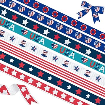 YKW Patriotic Grosgrain Ribbon 8 Pack, 3/8 x 24 Yards USA Stars Stripes Hearts Uncle Sam Ribbons for 4th of July Memorial Day Gift Wrapping Crafts