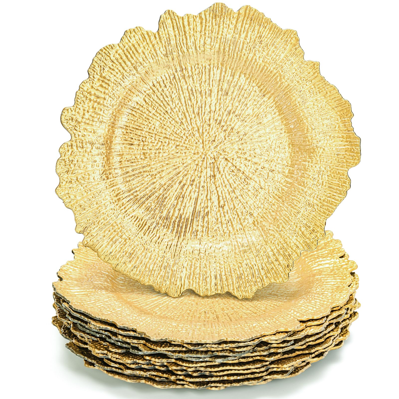 WUWEOT 12 Pack Gold Charger Plates, 12.7" Round Plastic Reef Plate Chargers with Flora Reef Design for Wedding Dinner Party Decoration