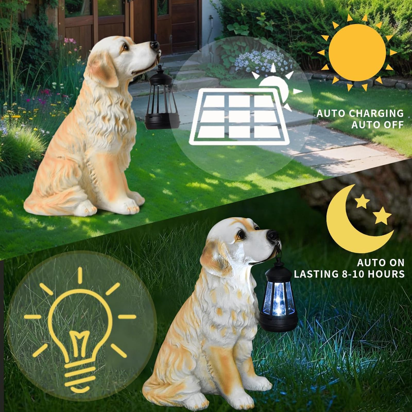 Estatuas de perro para decoración de jardín, estatua dorada de cachorro con luz solar para exteriores, decoración de cachorros de resina para patio