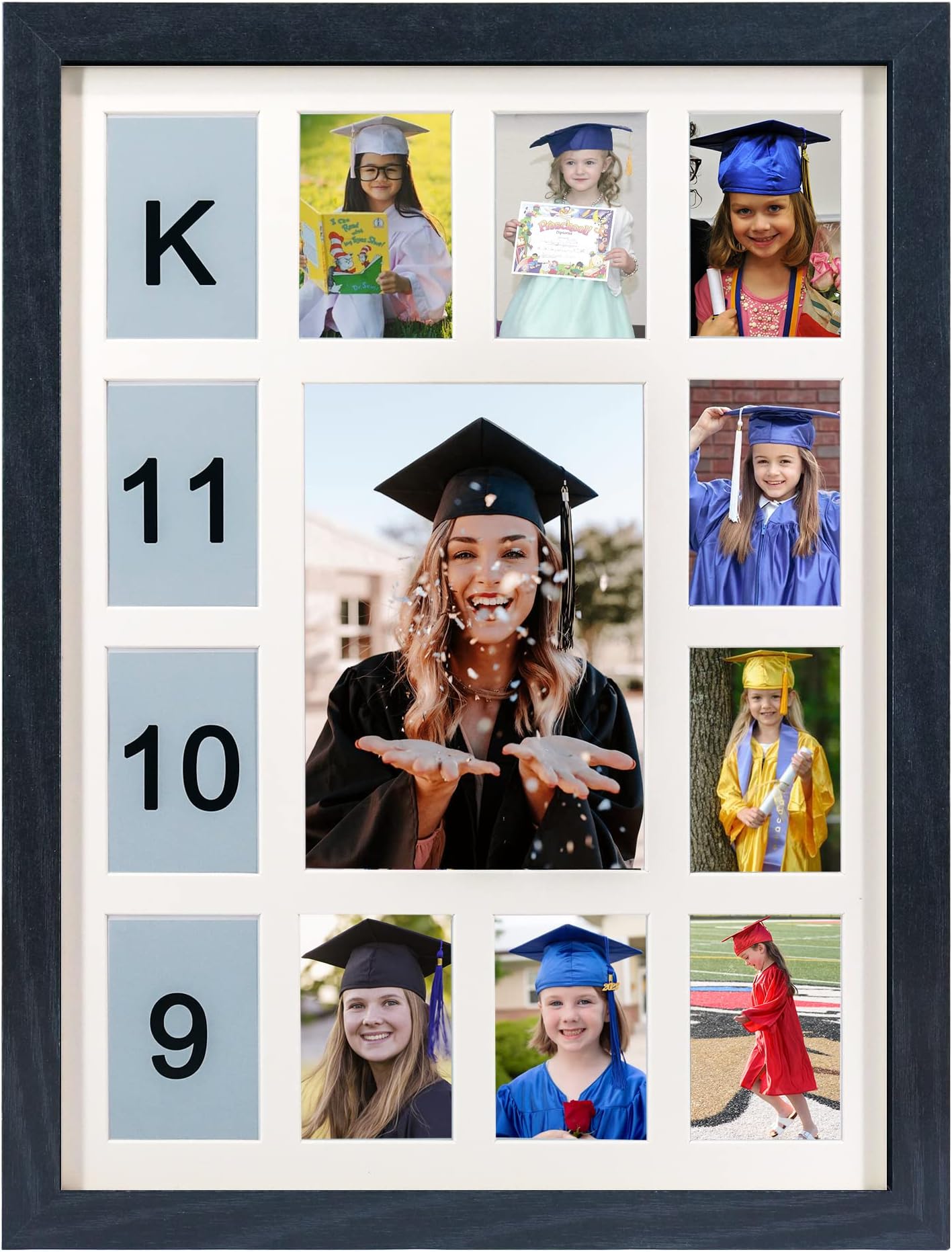 School Years Picture Frame K-12 Day Graduation Photo Collage Black Frame with Mat, Displays One 5x7 Photo and Twelve 2.5x3.5 Pictures