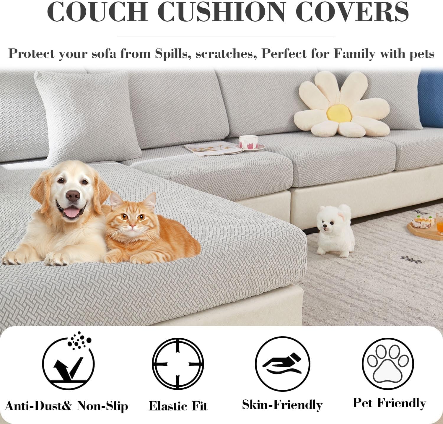 Soothing Home Sofa Covers, Sofa Hero Covers for Couch, Couch Cushion Covers, Sofa Covers Washable Sectional Couchs Covers Stretch Slipcovers for Pets (Light Gray,Large Double Seat Cover)