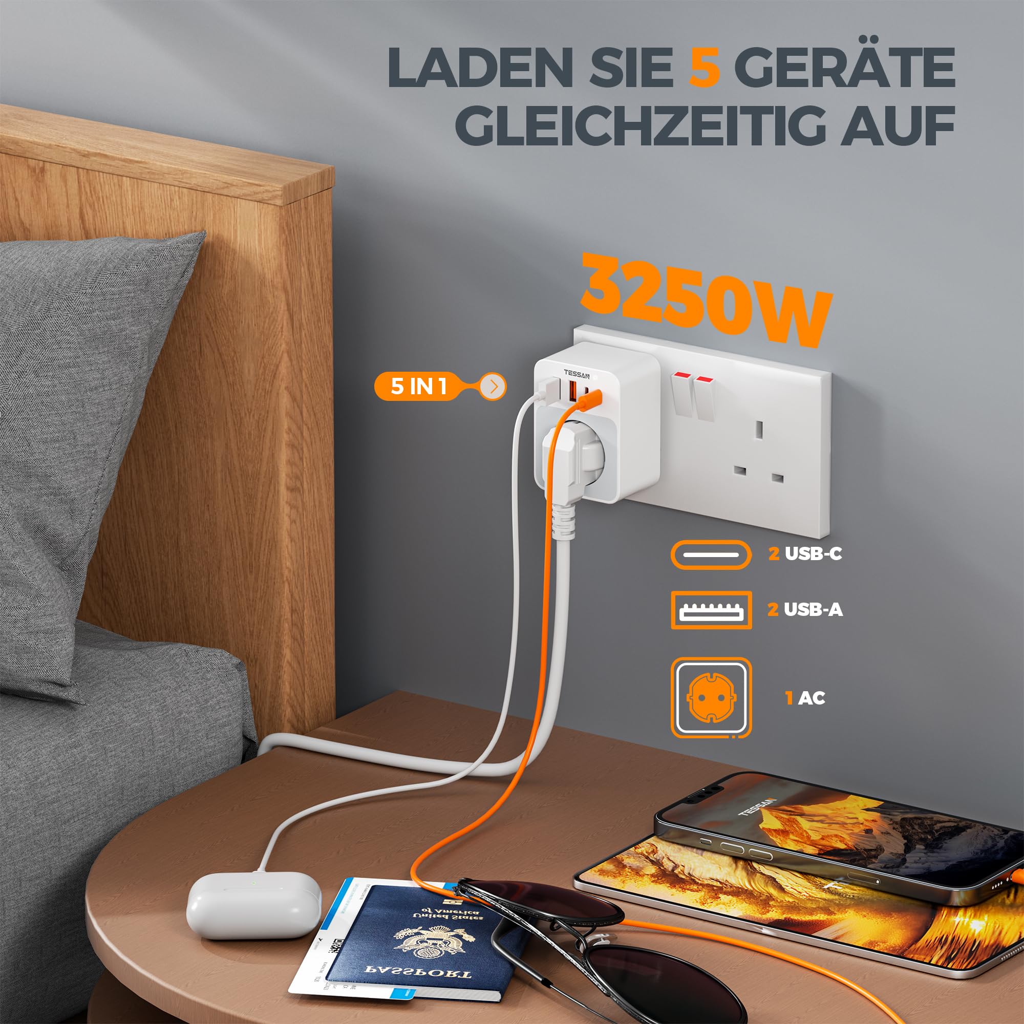 TESSAN Adapter England Deutschland Stecker, Faltbar 5 in 1 Reiseadapter Typ G mit 2 USB C und 2 USB A, Kleines klappbares Design, Steckdosenadapter für London Malta Irland Dubai, UK Adapter auf EU